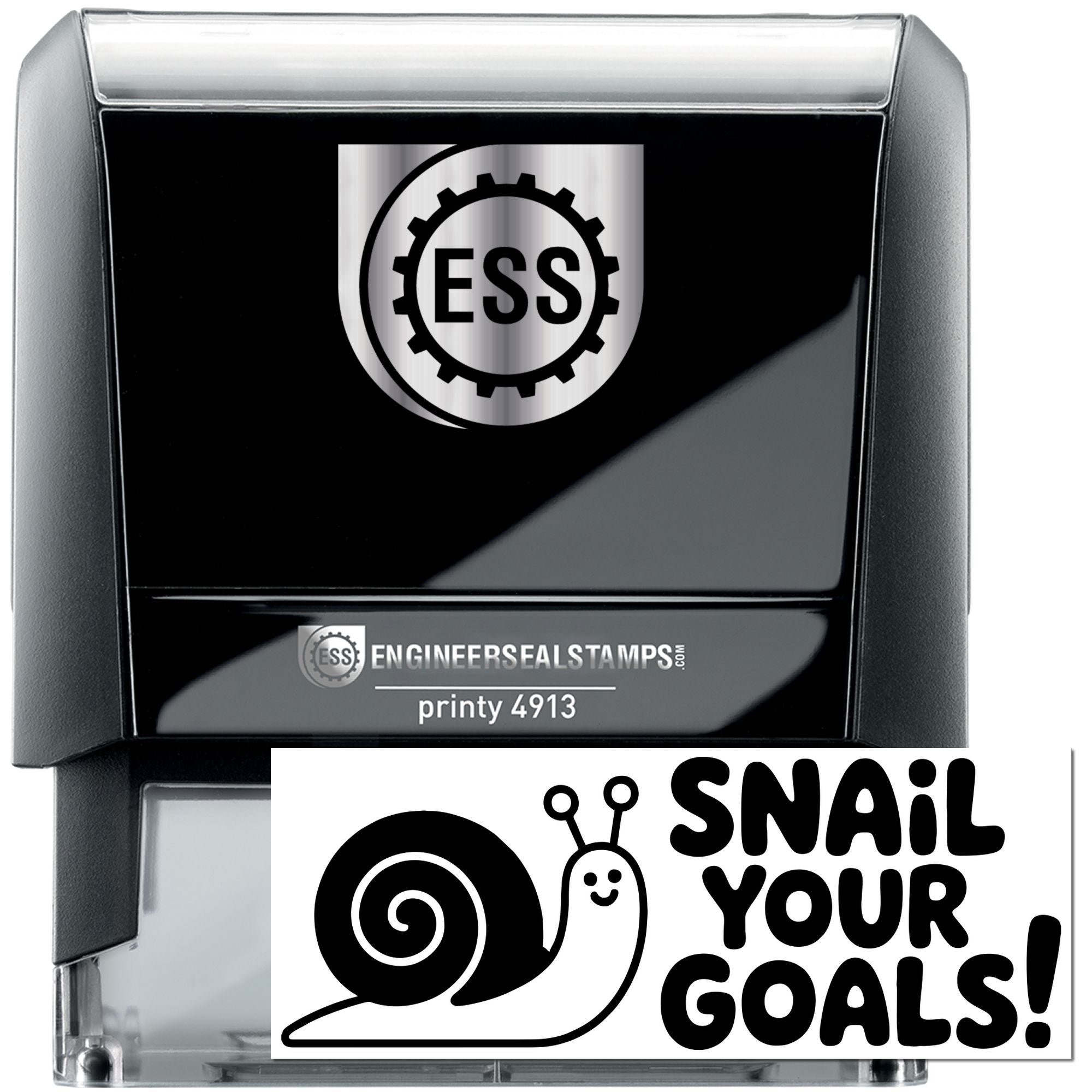 Black and silver ESS engineer seal self-inking stamp with logo, plus snail SNAIL YOUR GOALS! stamp.