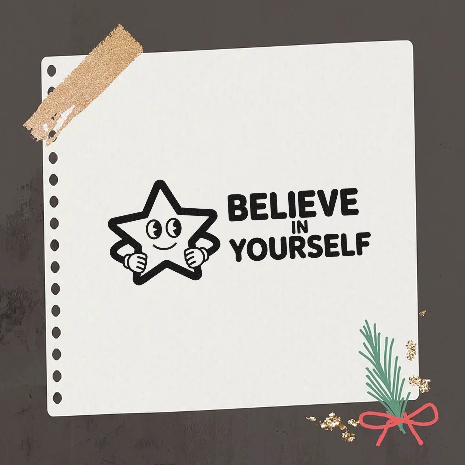 Black stamp reading Believe in Yourself with smiling star on white notebook page, taped corner, festive pine seal accents