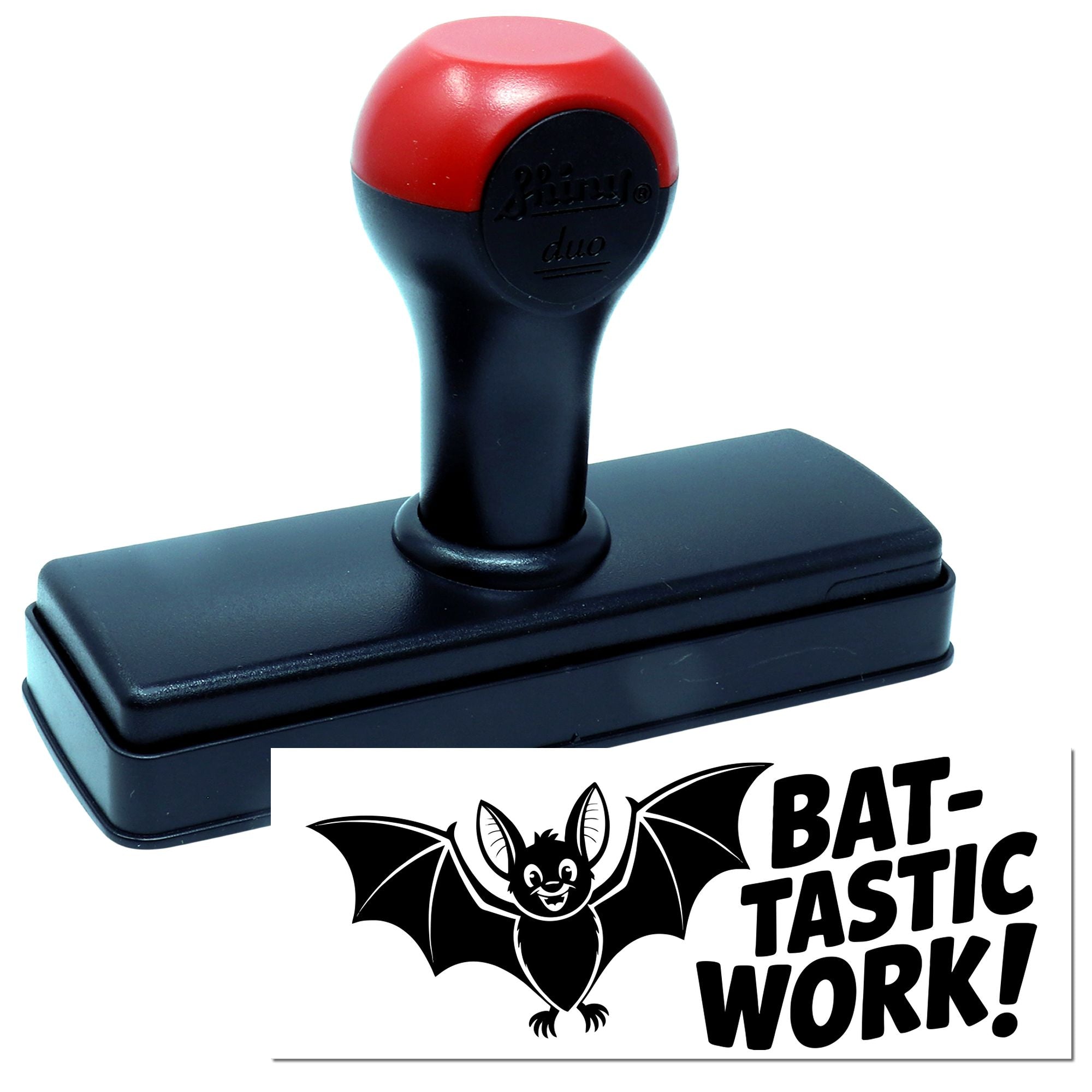 Red and black self-inking stamp seal with bat logo and bold BAT-TASTIC WORK! text.