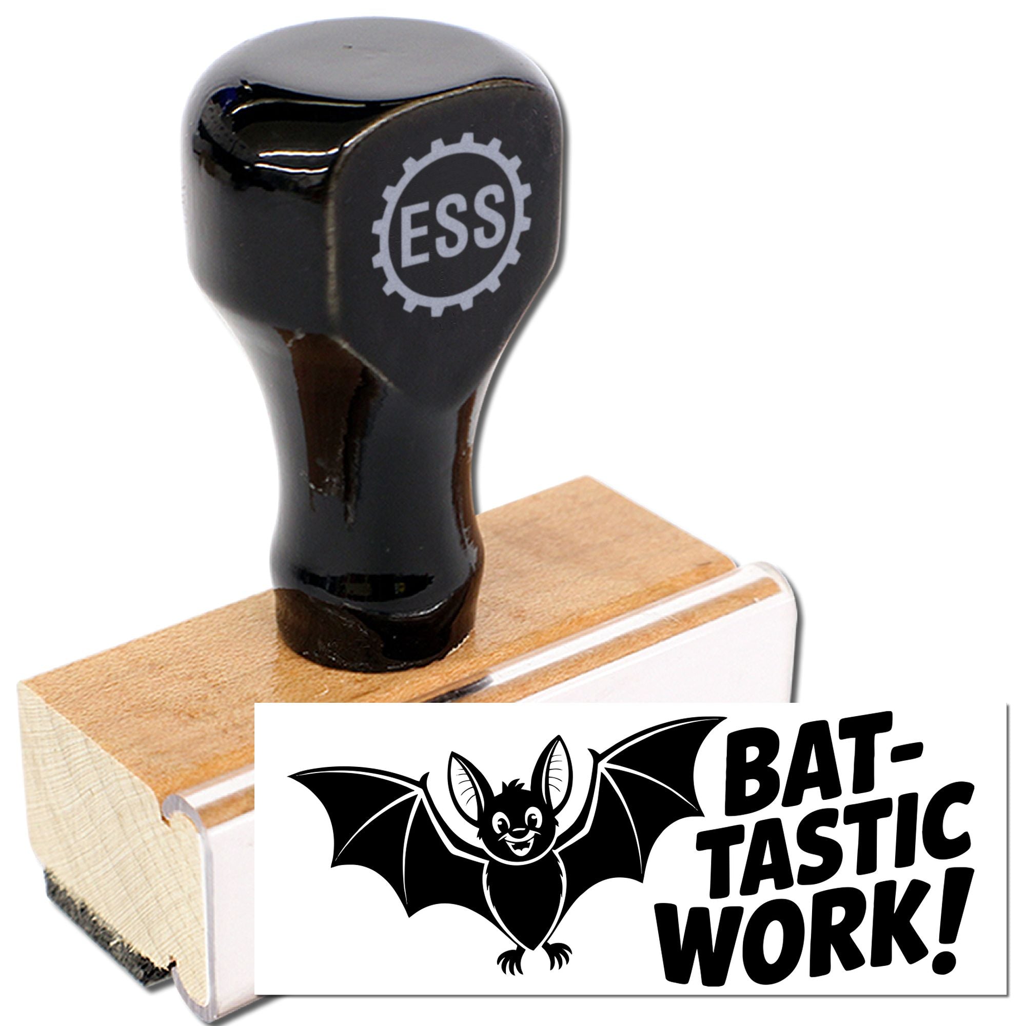 Black rubber stamp and seal on wooden base, with ESS gear logo and bat-themed BAT-TASTIC WORK! design.