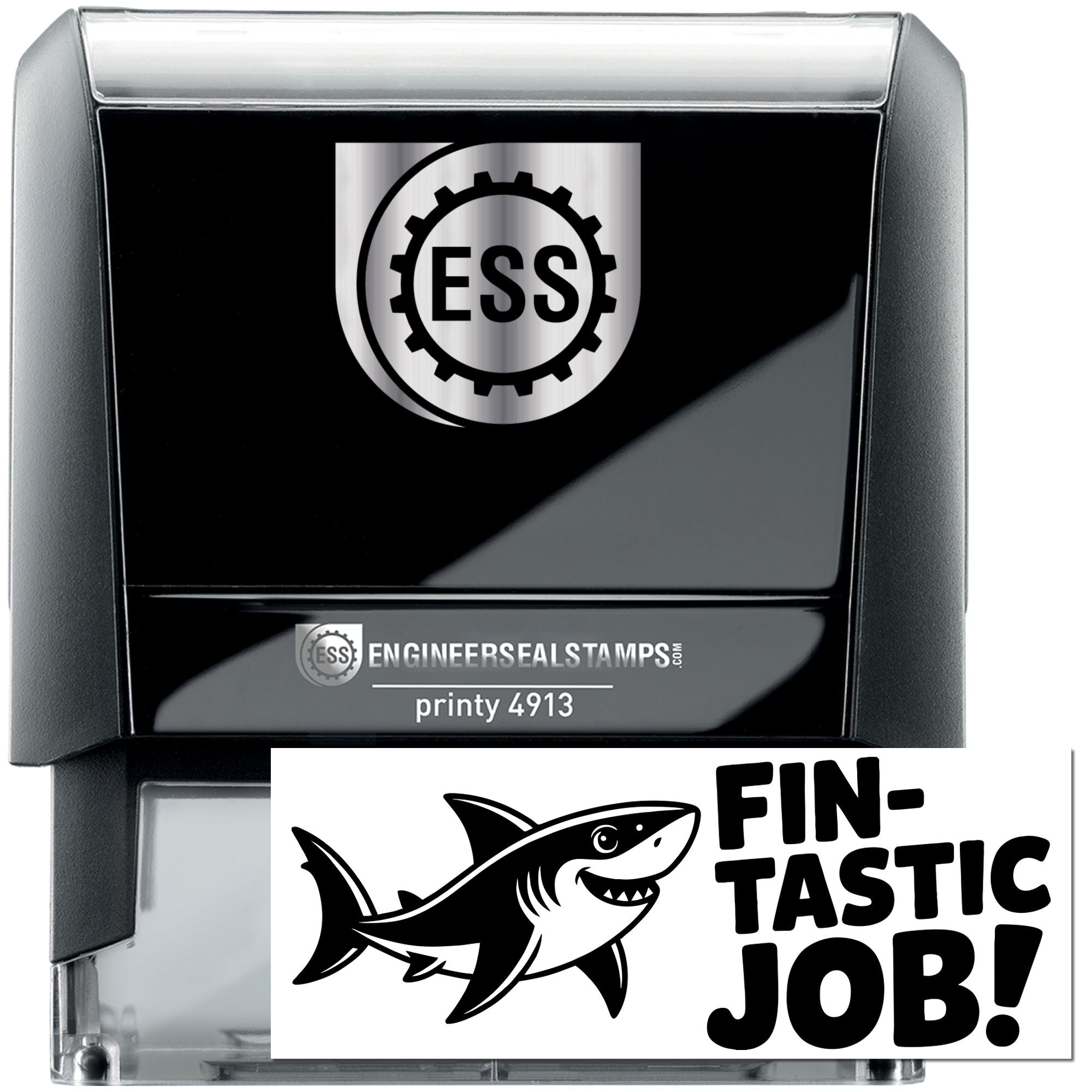 Black self-inking ESS stamp and seal with silver logo, Printy 4913, showing a bold shark Fin-tastic Job! imprint