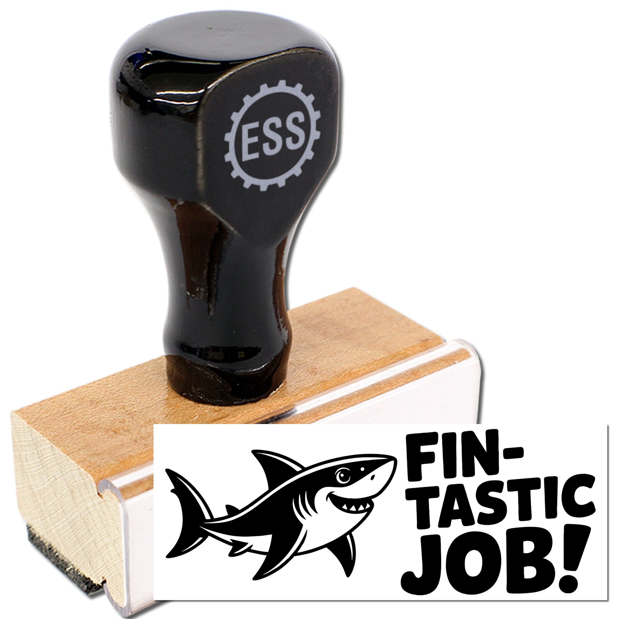 Black rubber stamp with wooden base, printing a shark and bold FIN-TASTIC JOB! on white for seal products.