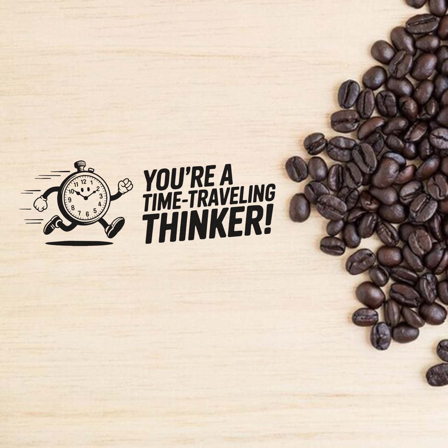 Black coffee-themed stamp seal with running stopwatch and Youre a time-traveling thinker! on light wood beside dark coffee beans.