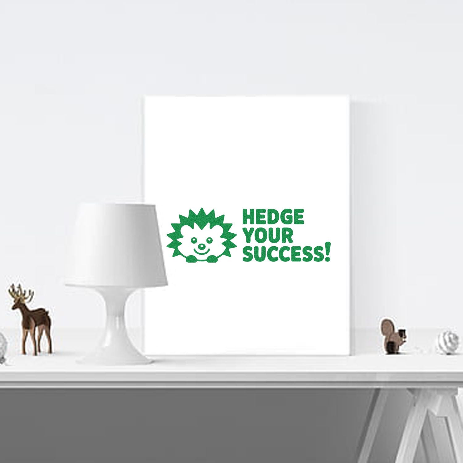 Green hedgehog stamp and seal design reading Hedge Your Success! on a white card display.
