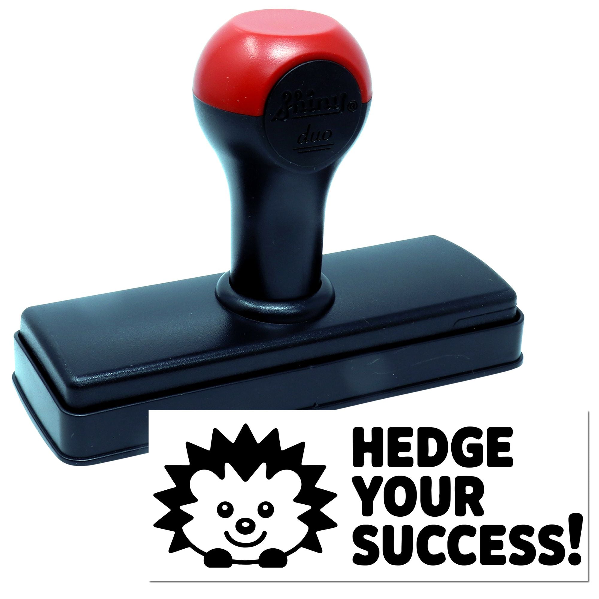 Red-and-black self-inking stamp and seal with hedgehog logo and Hedge Your Success! text