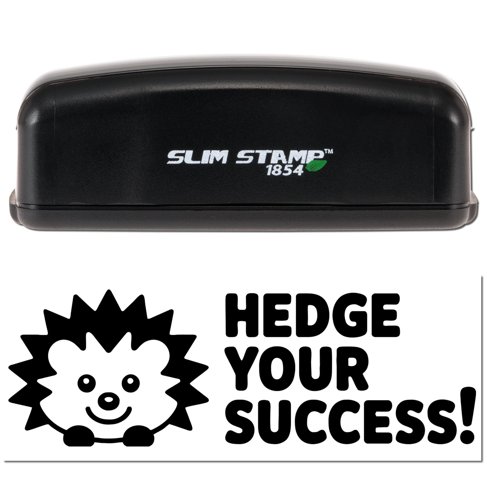 Black Slim Stamp 1854 stamp and seal with white logo and Hedge Your Success! slogan on a white background.
