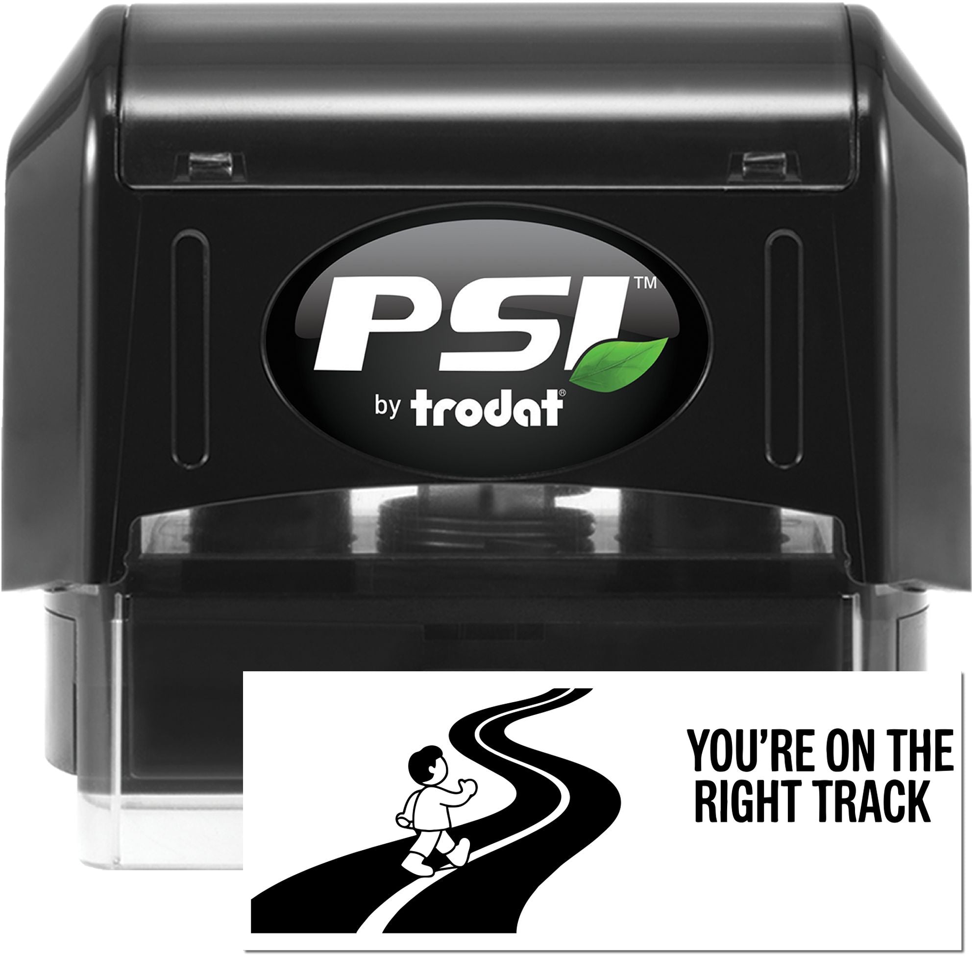 Black PSI by Trodat self-inking stamp and seal with green leaf logo, plus sample card reading Youre on the right track.