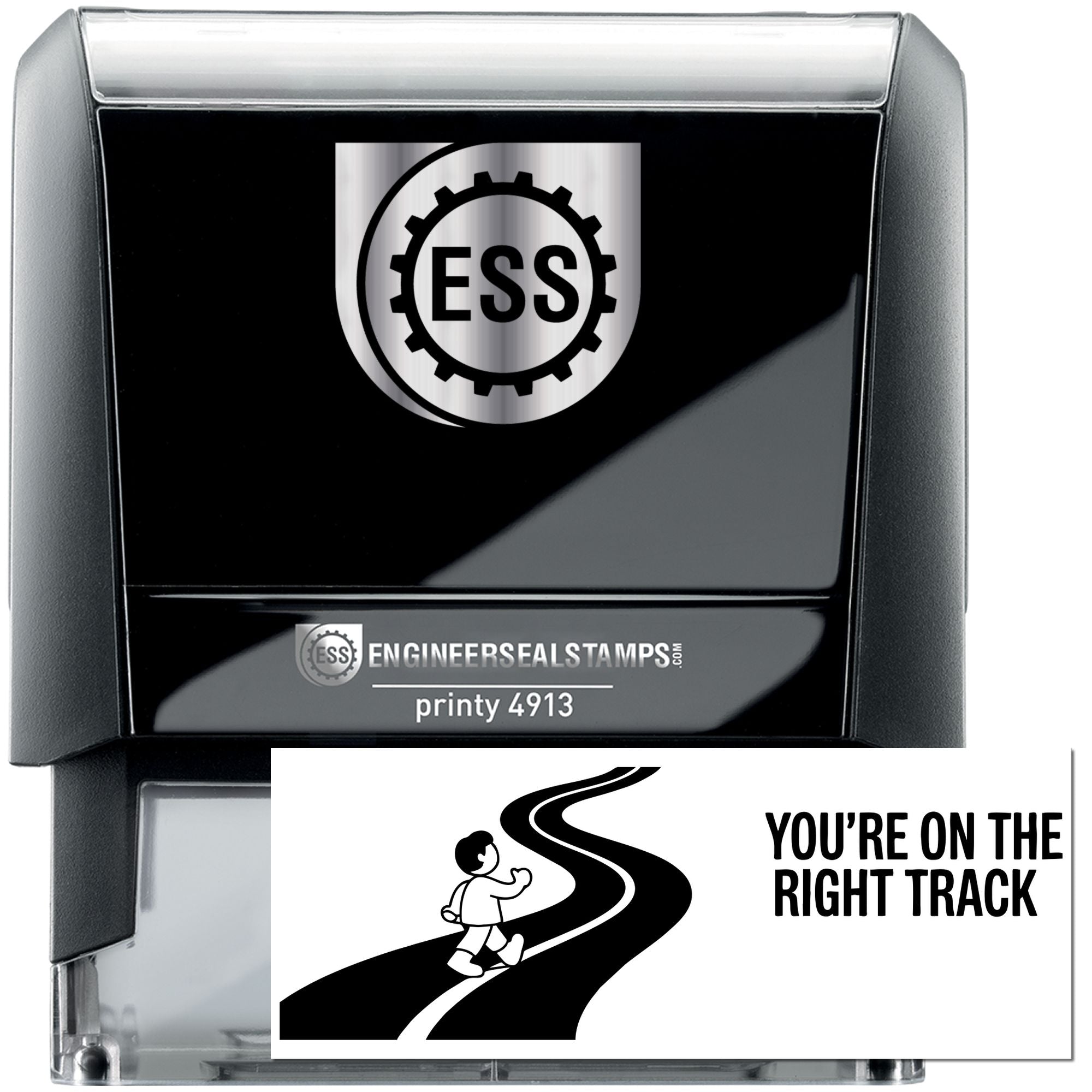 Black self-inking ESS stamp and seal with silver logo, printy 4913, and Youre on the right track road graphic.