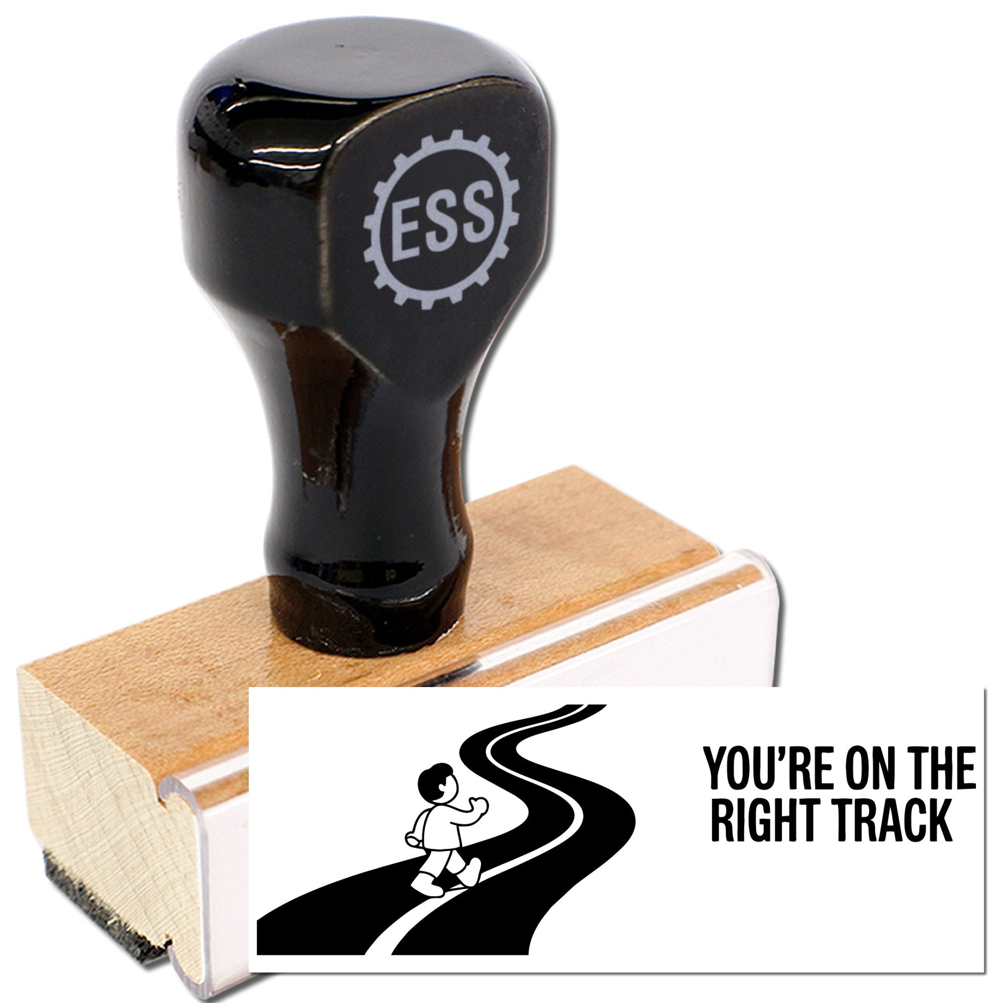 Black stamp and seal set with ESS logo, wood base, and card reading Youre on the Right Track with road graphic.