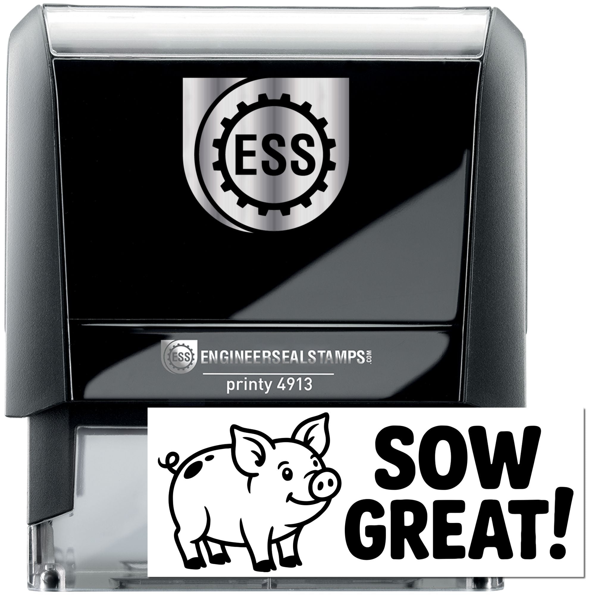 Black and gray ESS self-inking stamp and seal with silver logo, Sow Great! pig design, printy 4913 label.