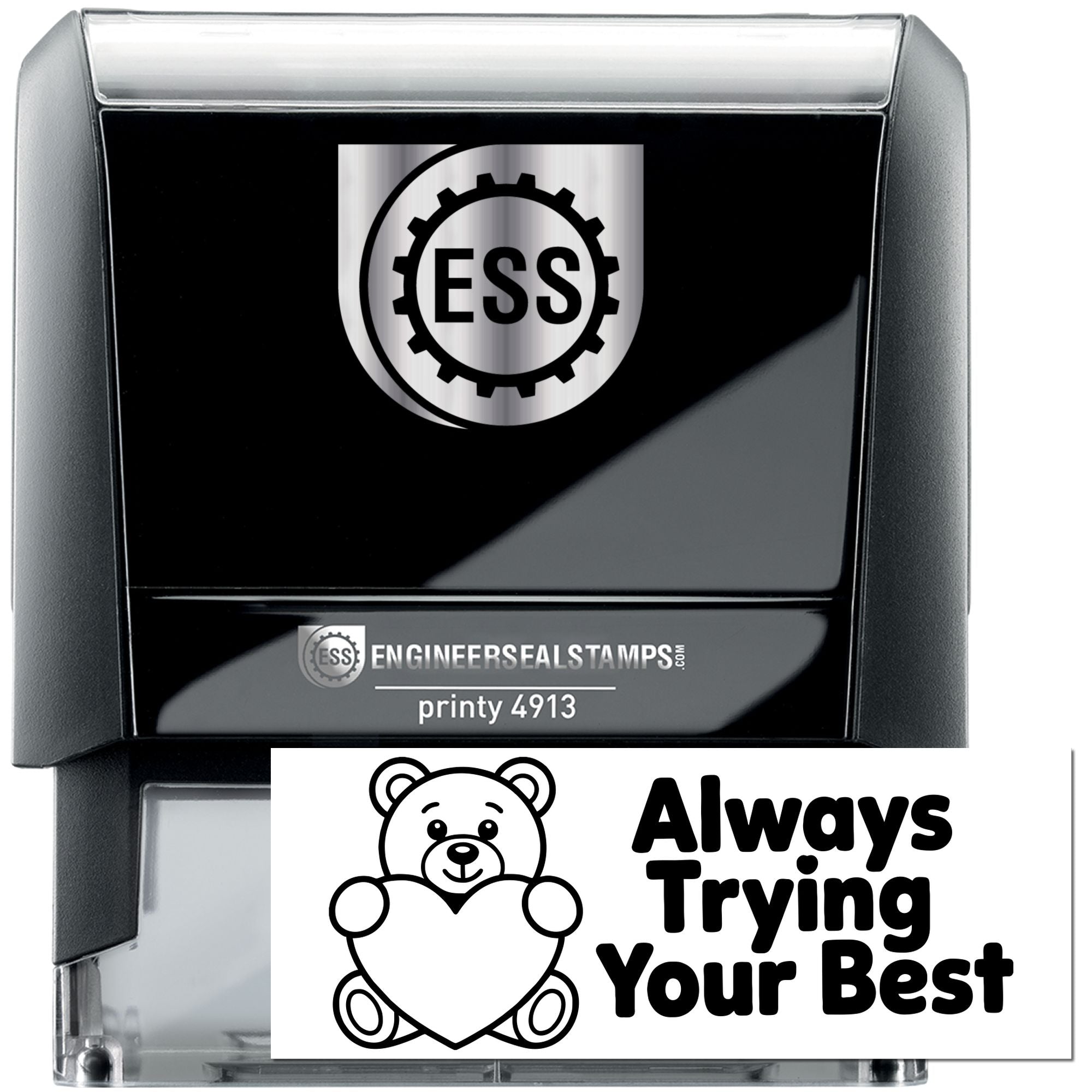 Black self-inking ESS stamp and clear seal stamp with silver logo, teddy bear graphic, and Always Trying Your Best text.