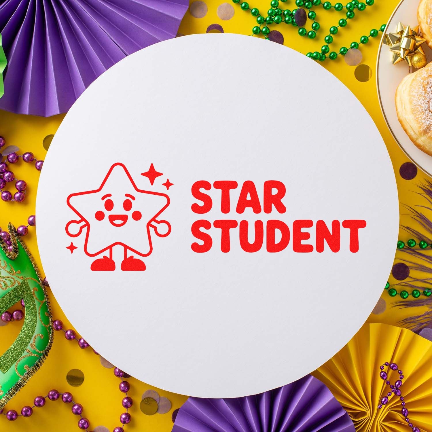 Red Star Student stamp and seal design on white circle, framed by purple, yellow, and green Mardi Gras decor.
