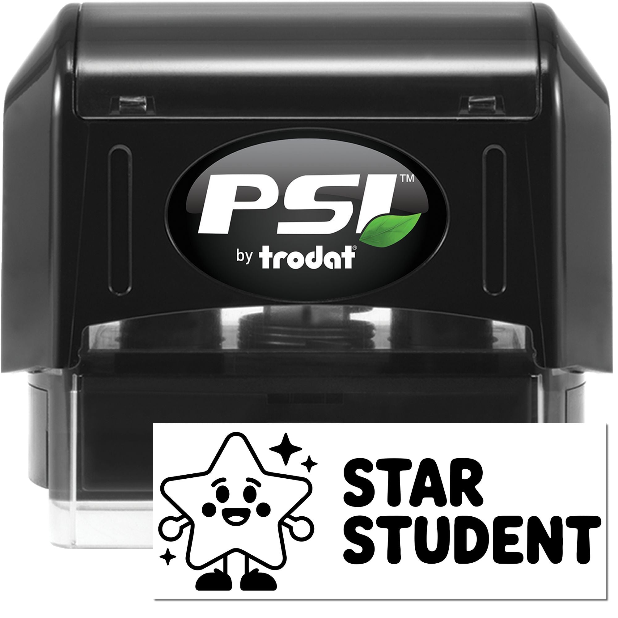 Black PSI by Trodat self-inking stamp with clear seal, plus white Star Student seal featuring a cartoon star design.