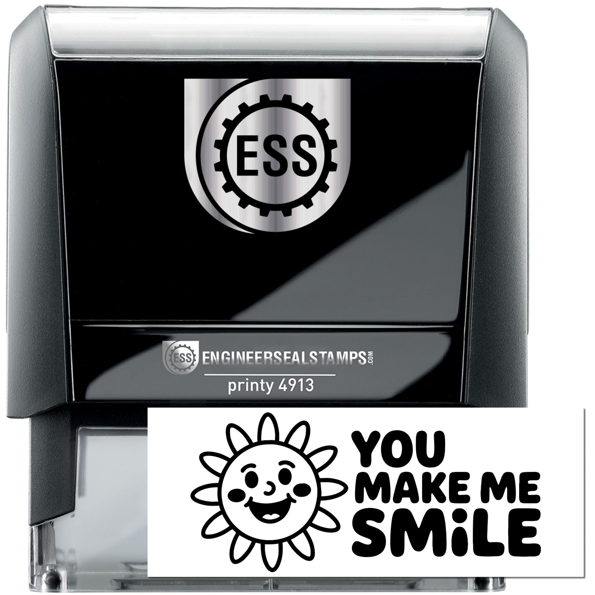 Black self-inking engineer seal stamp with silver ESS logo and white You Make Me Smile insert