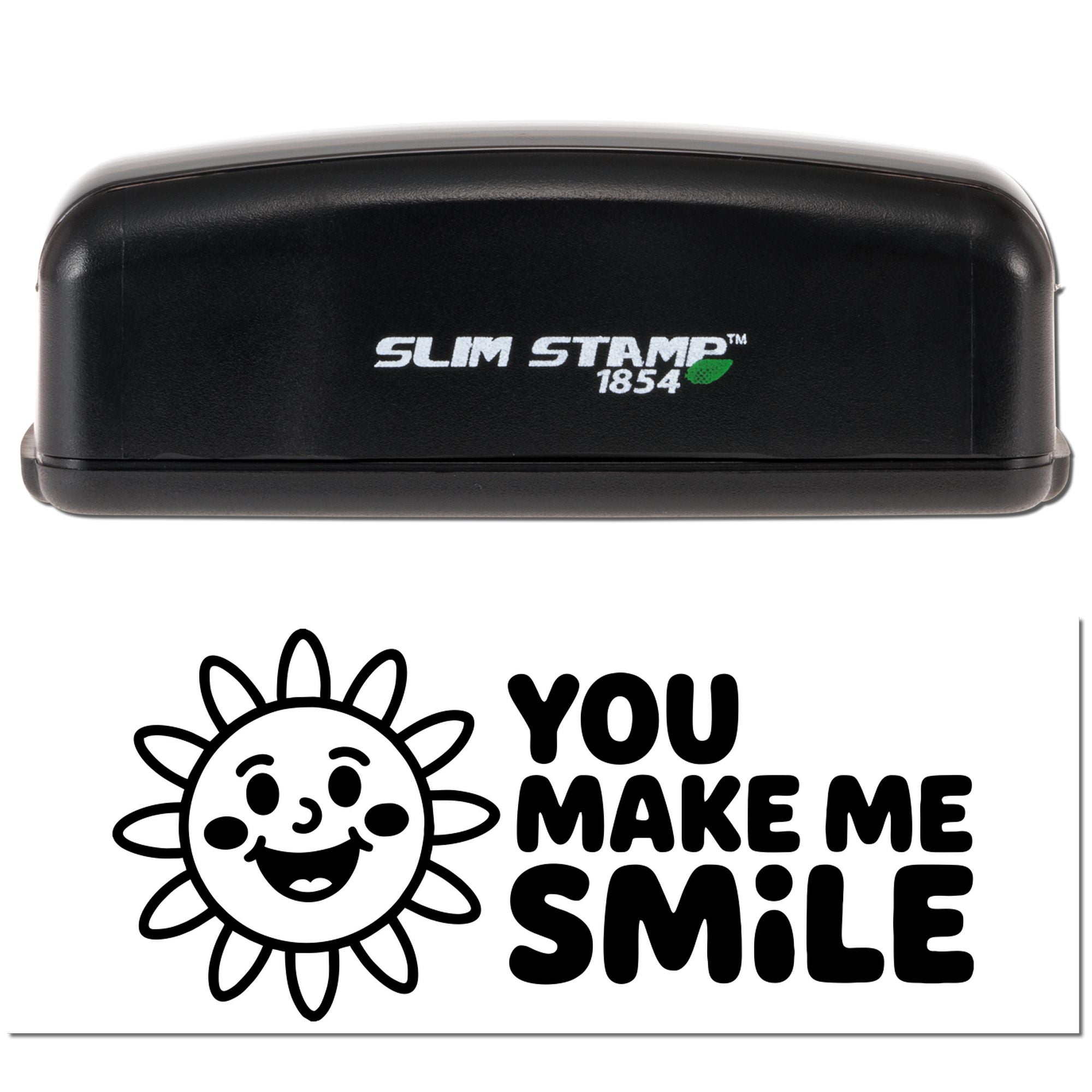 Black Slim Stamp 1854 self-inking stamp with smiling sun seal and You Make Me Smile text.