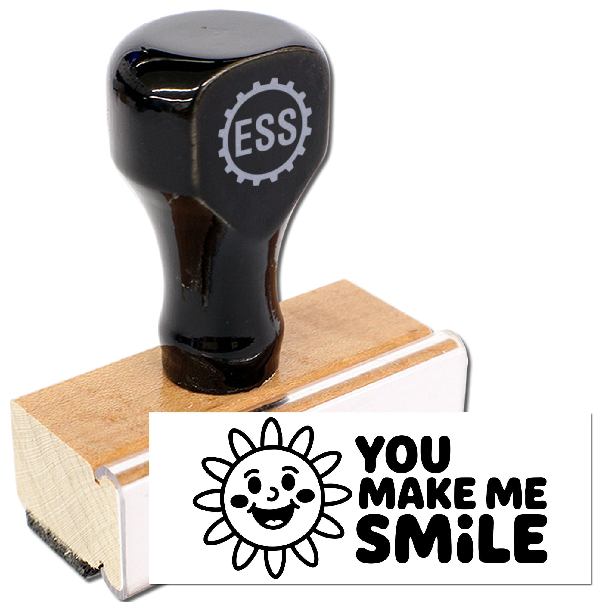 Black rubber stamp and wooden seal with white card reading You Make Me Smile and smiling sun graphic