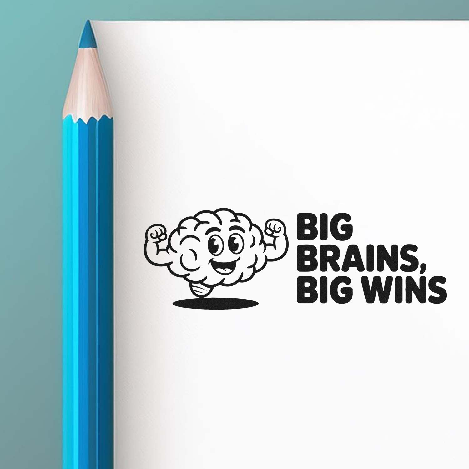 Blue pencil beside white stamp seal design with flexing brain icon and bold black text, Big Brains, Big Wins.