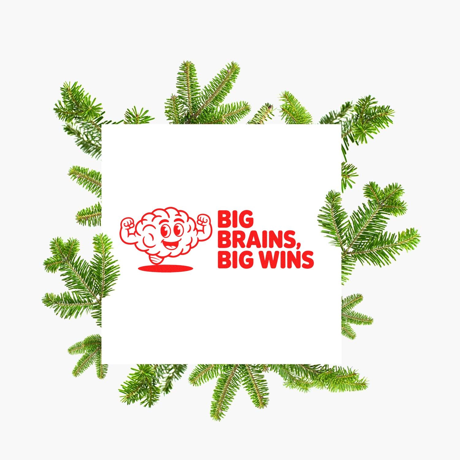 Red stamp seal reading Big Brains, Big Wins with cartoon brain logo, framed by green evergreen branches on white.
