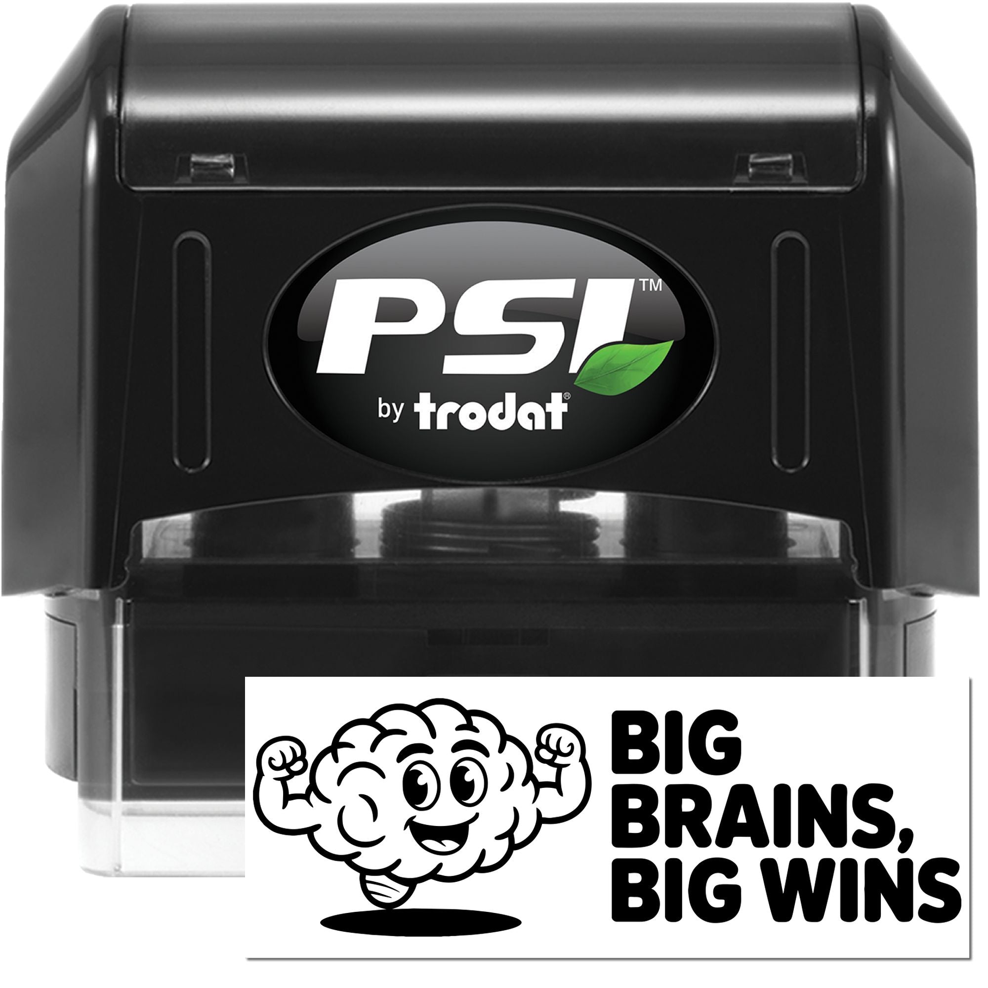 Black PSI by Trodat self-inking stamp and seal with green leaf logo; sample seal reads Big Brains, Big Wins.