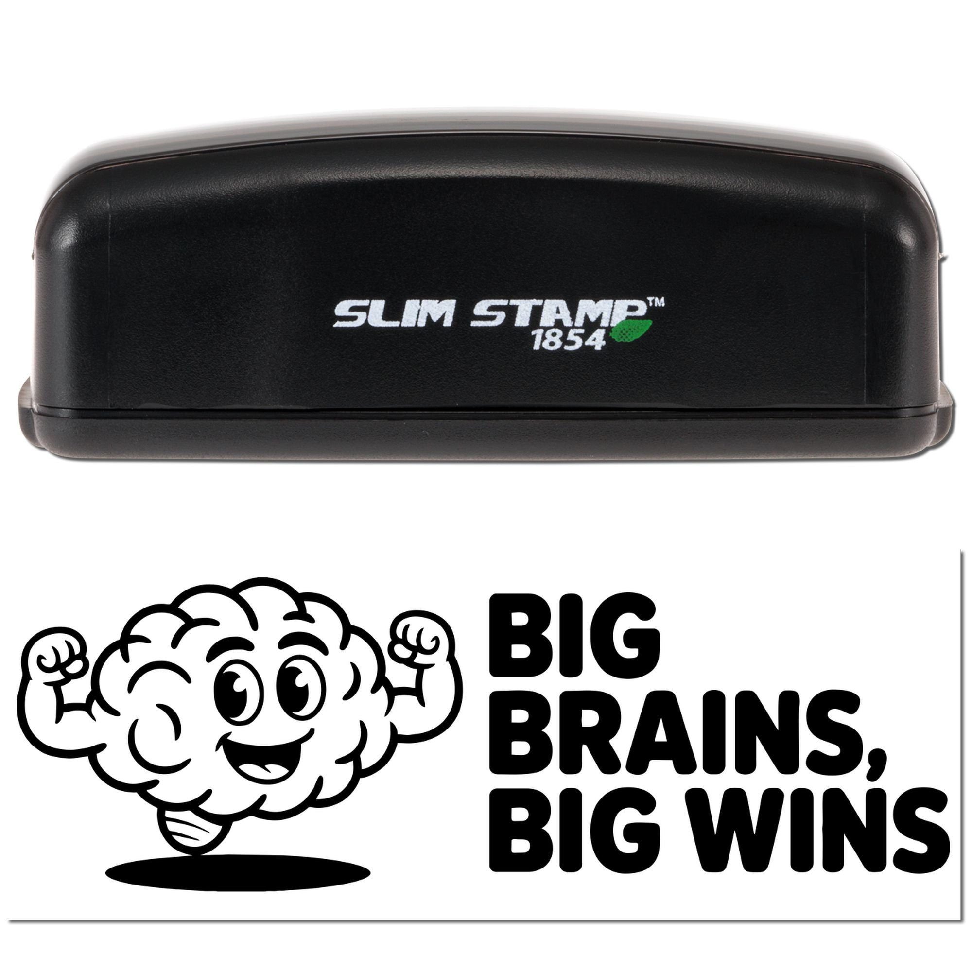 Black Slim Stamp 1854 stamp and seal with green logo, showing a cartoon brain and bold BIG BRAINS, BIG WINS text.