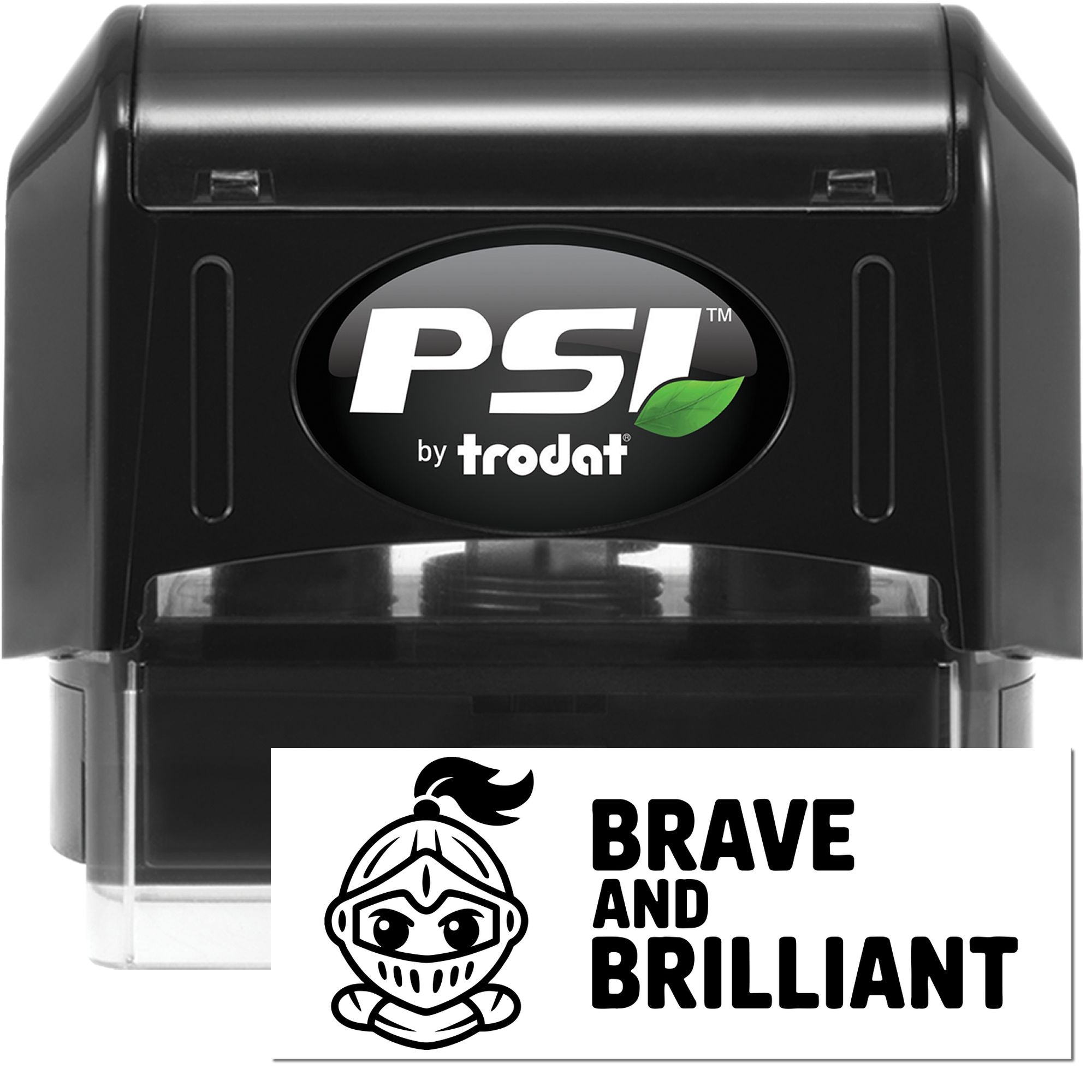Black PSI by Trodat self-inking stamp and seal with green leaf logo and white Brave and Brilliant imprint card