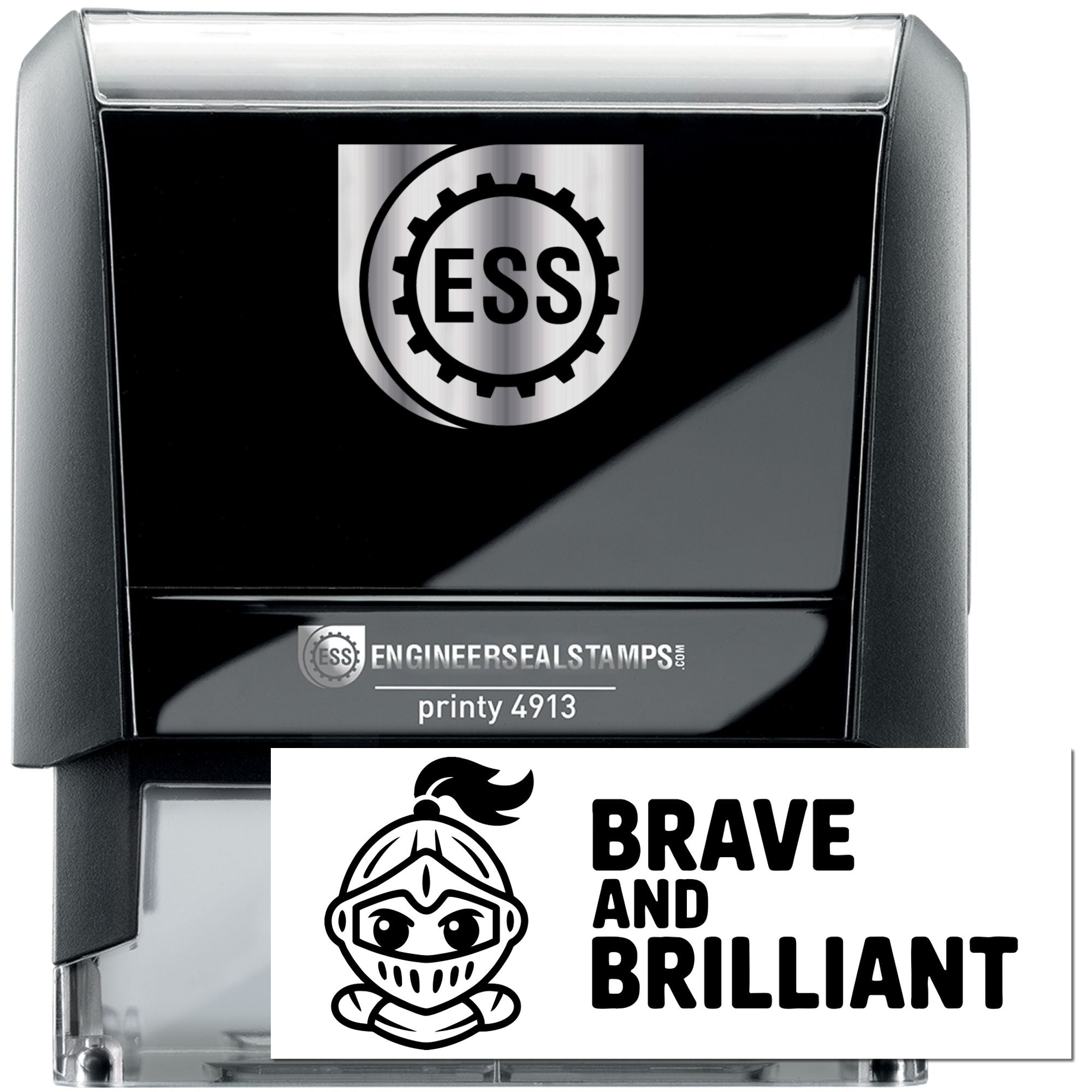 Black self-inking stamp and seal products with silver ESS gear logo and white Brave and Brilliant imprint card.