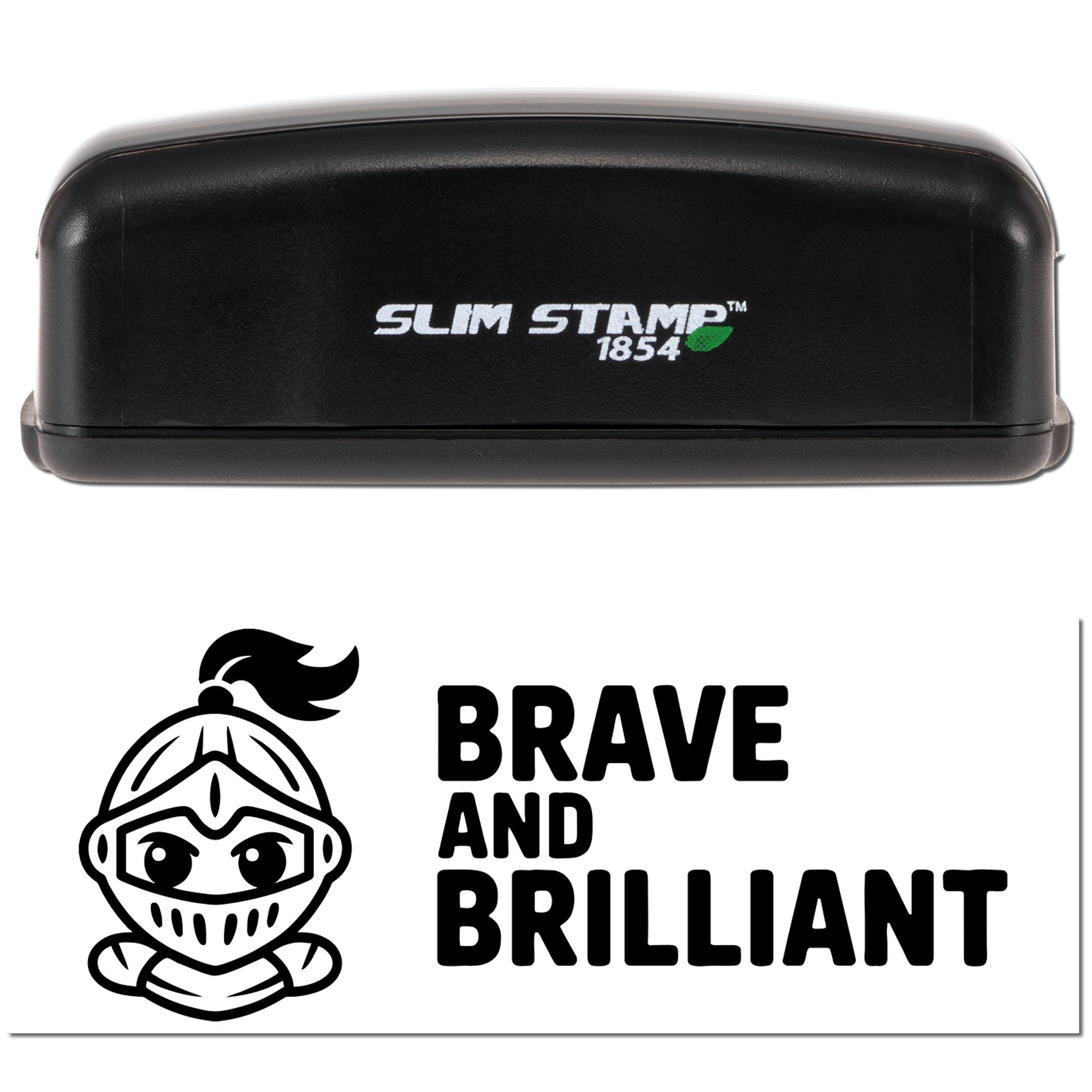 Black Slim Stamp 1854 stamp and seal set with Brave and Brilliant text and knight helmet icon on white.