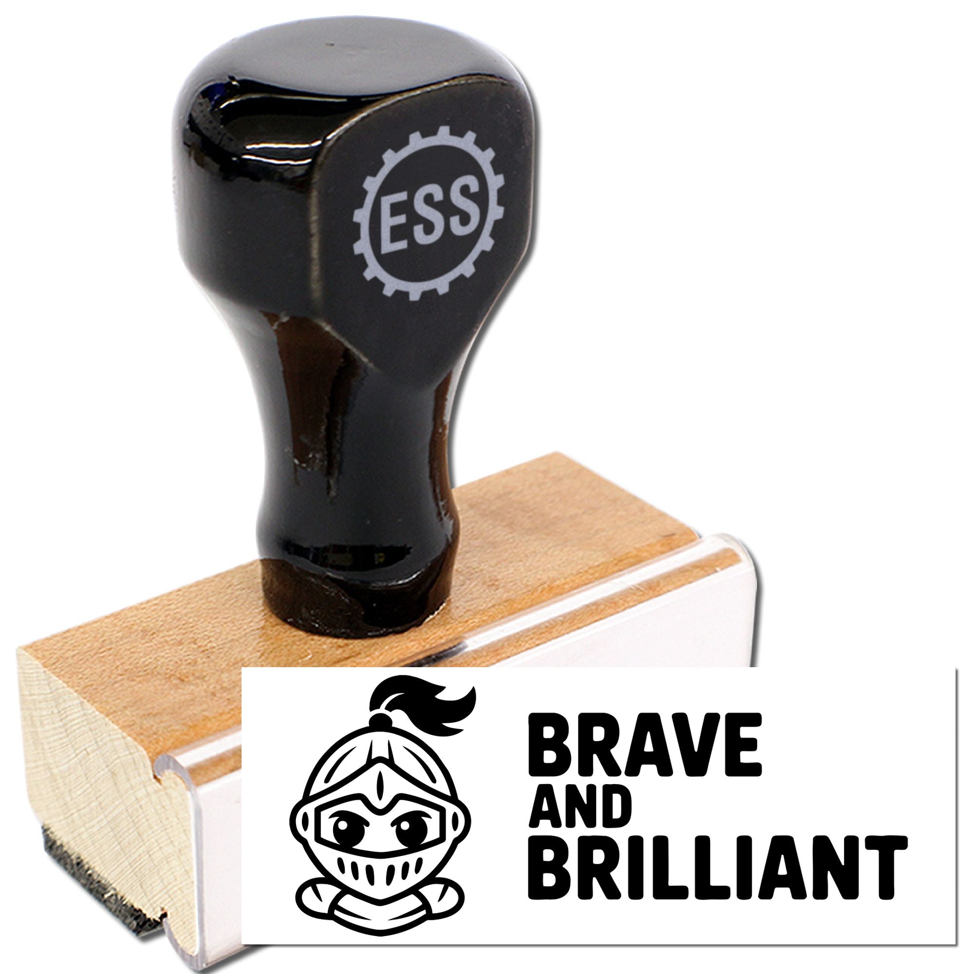 Black rubber stamp and seal on a wooden base with knight logo and Brave and Brilliant text on white background