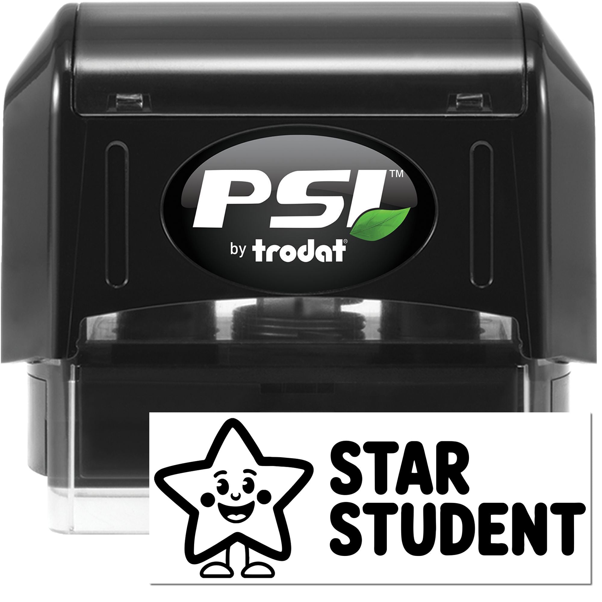 Black PSI by Trodat self-inking stamp and Star Student seal with smiling star icon