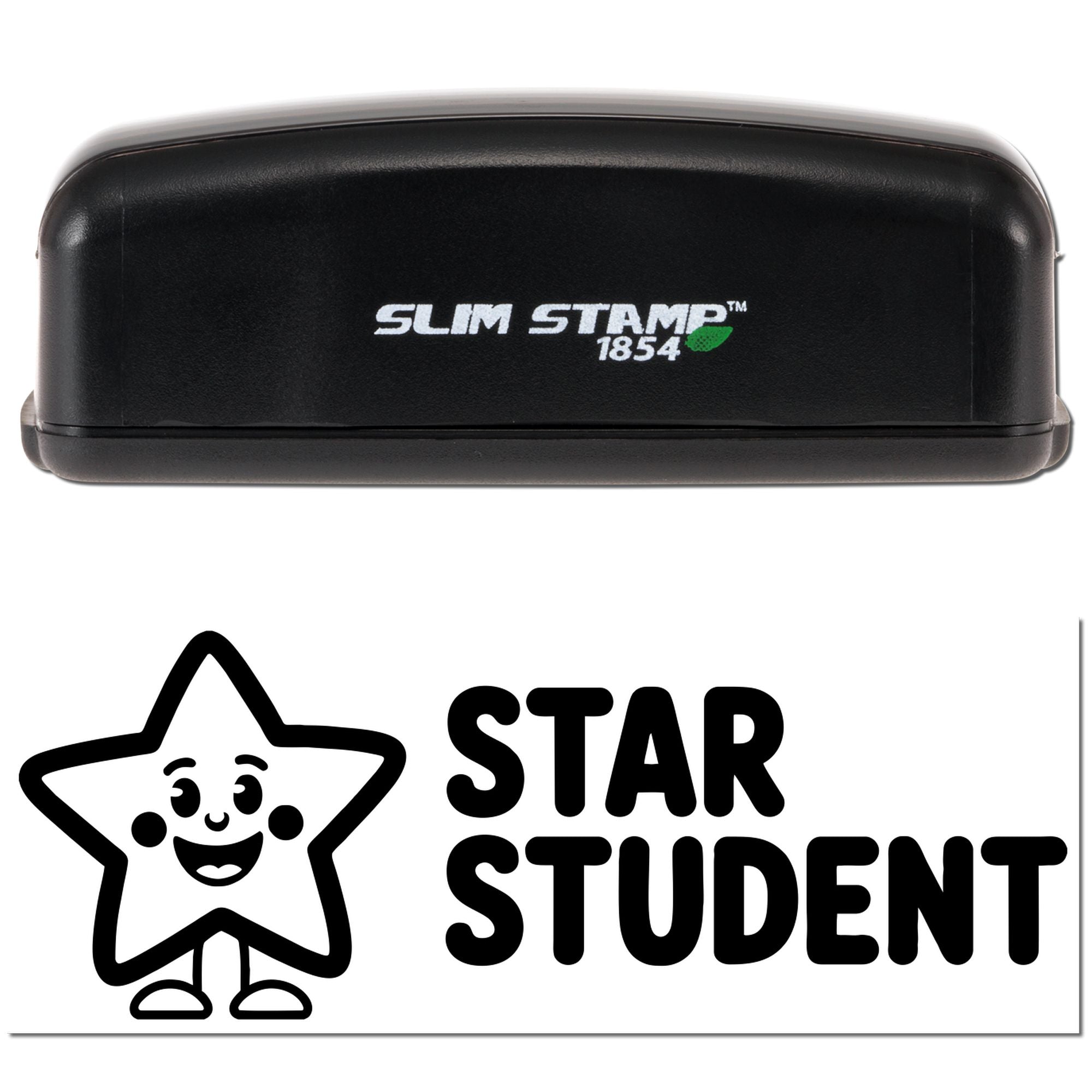 Black Slim Stamp 1854 self-inking stamp and seal with Star Student design, smiling star icon, white print, green leaf logo.