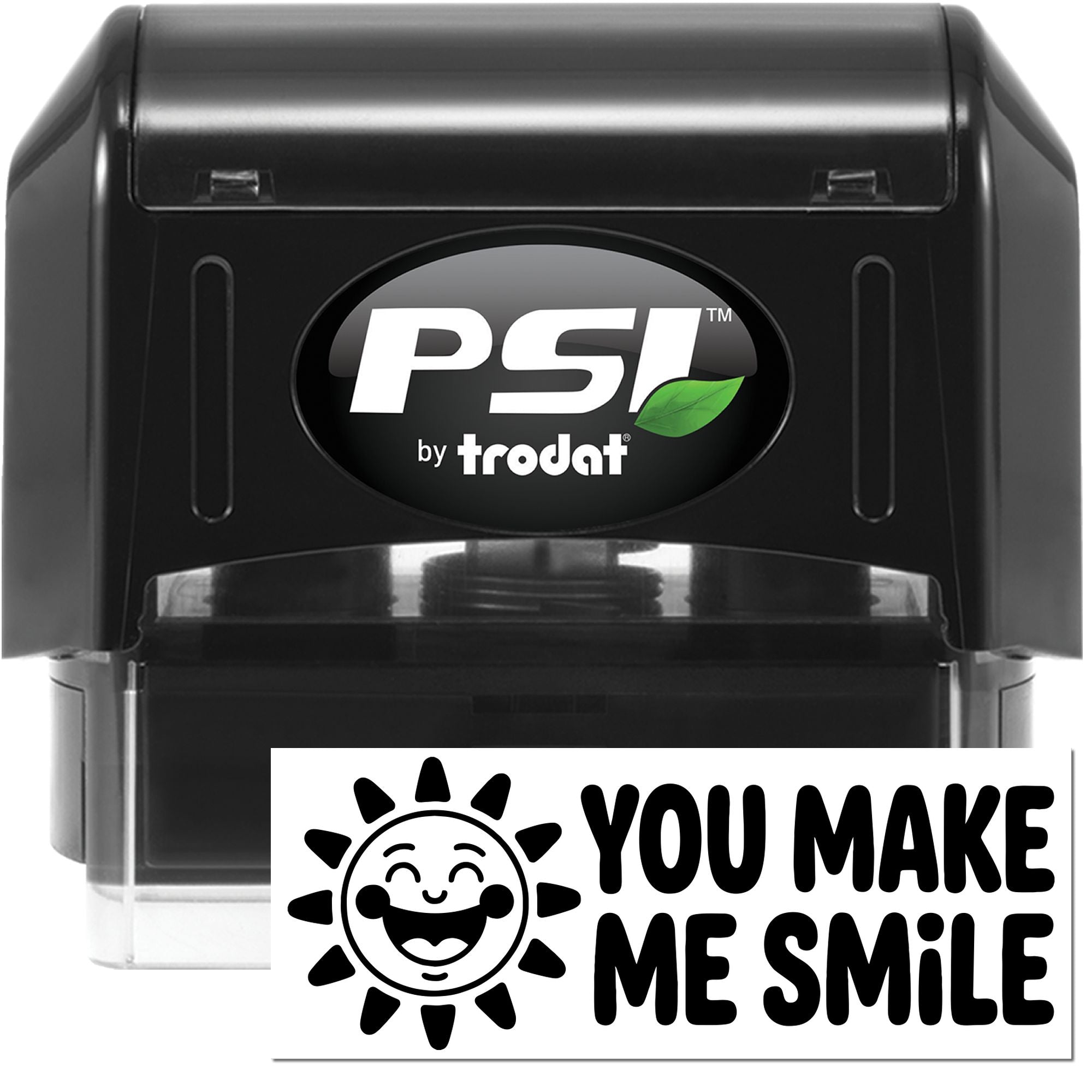 Black PSI by Trodat self-inking stamp and seal with white You Make Me Smile design and smiling sun icon.