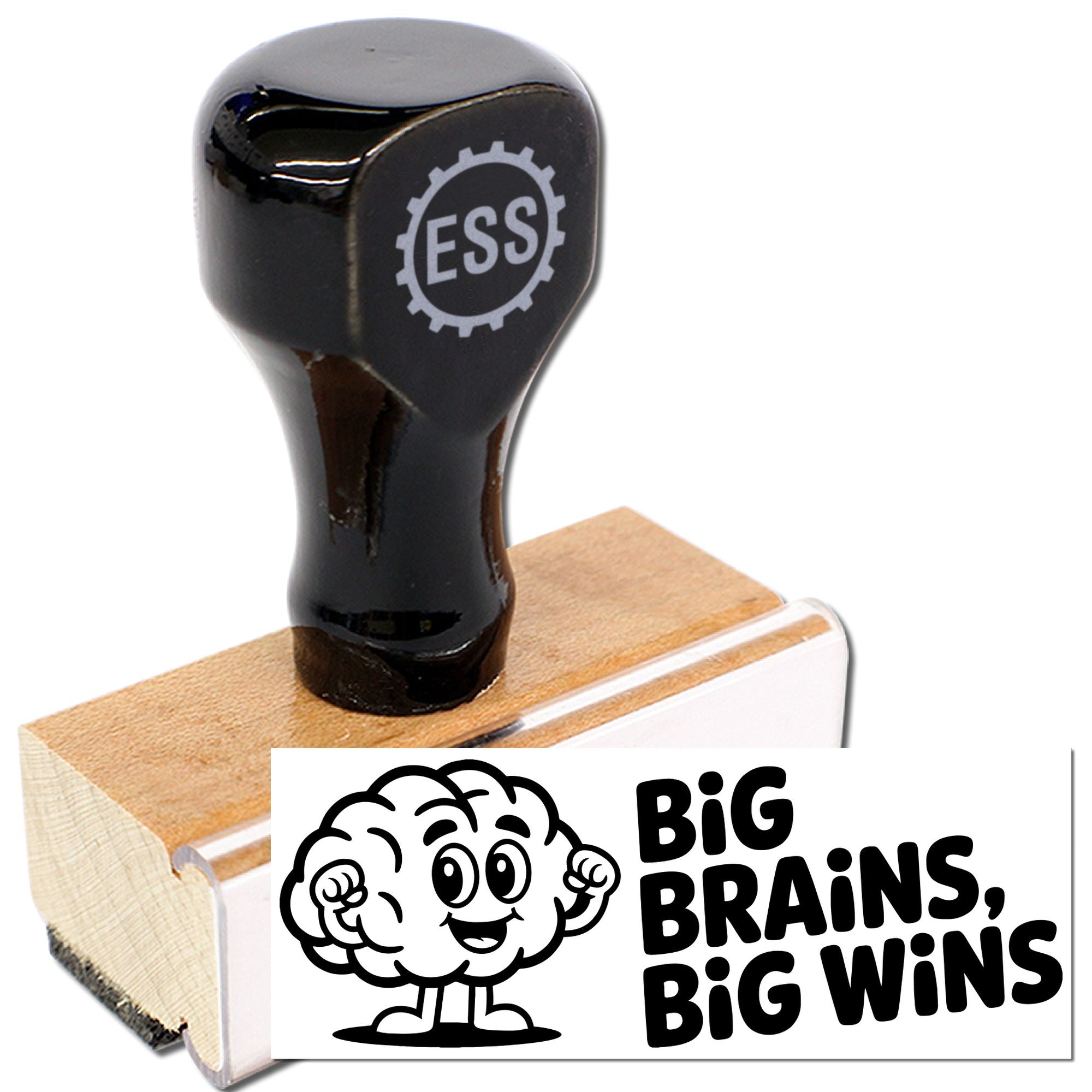 Black rubber stamp and seal set with wooden base, showing a cartoon brain and bold Big Brains, Big Wins text.