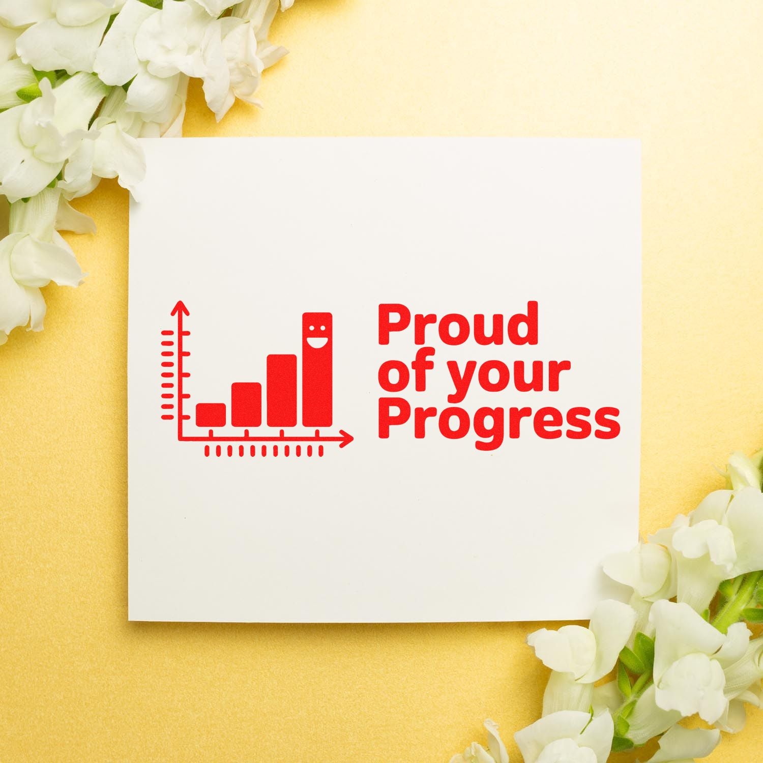 White stamp and seal card with red progress chart and Proud of your Progress text on a pale yellow background with white flowers.