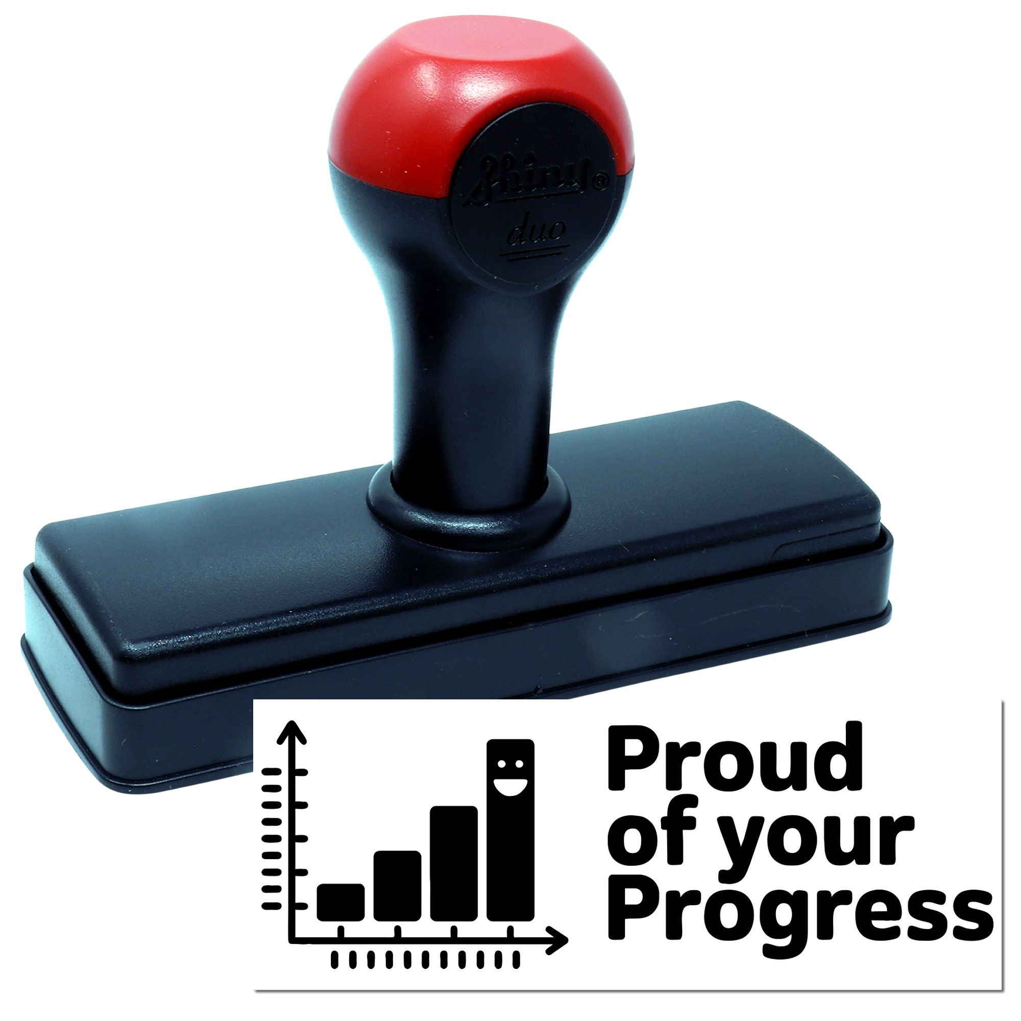 Red-and-black self-inking stamp with seal reading Proud of your Progress and a rising bar chart icon.