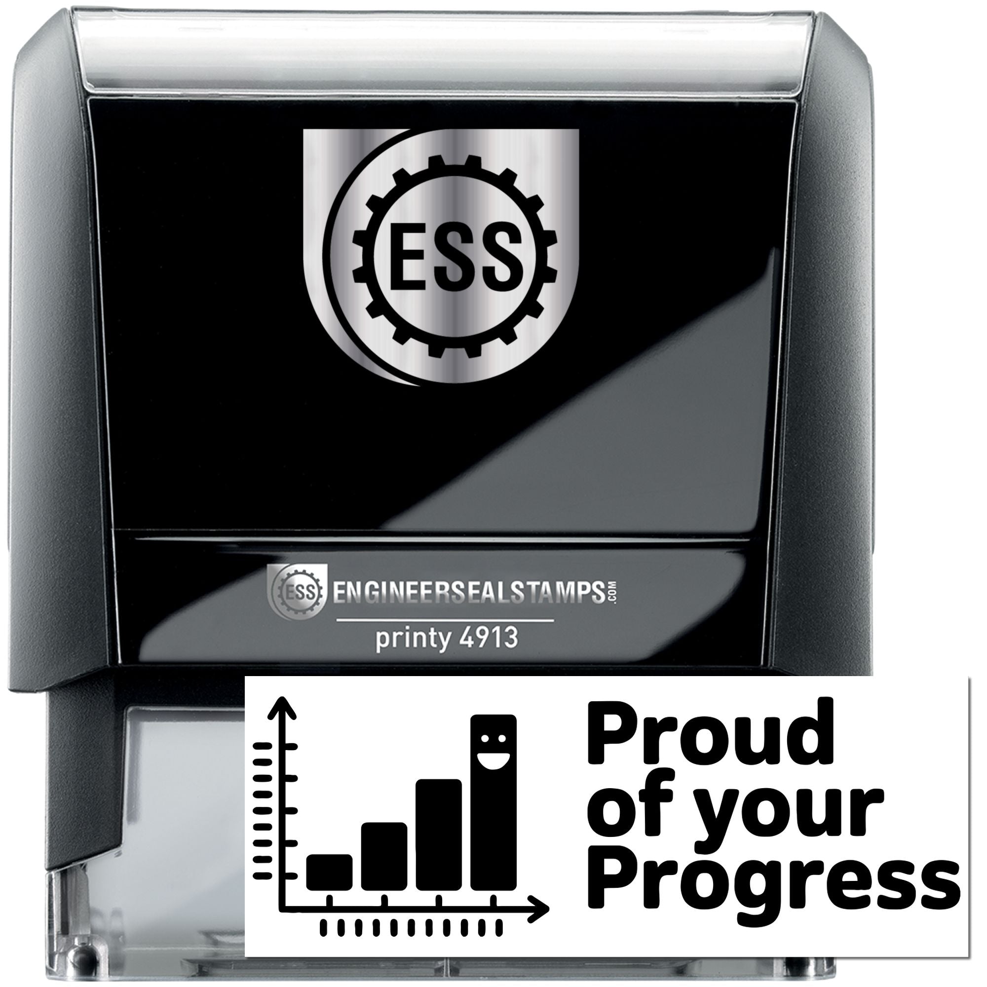 Black self-inking engineer seal stamp with silver ESS logo, Printy 4913, and progress graphic.