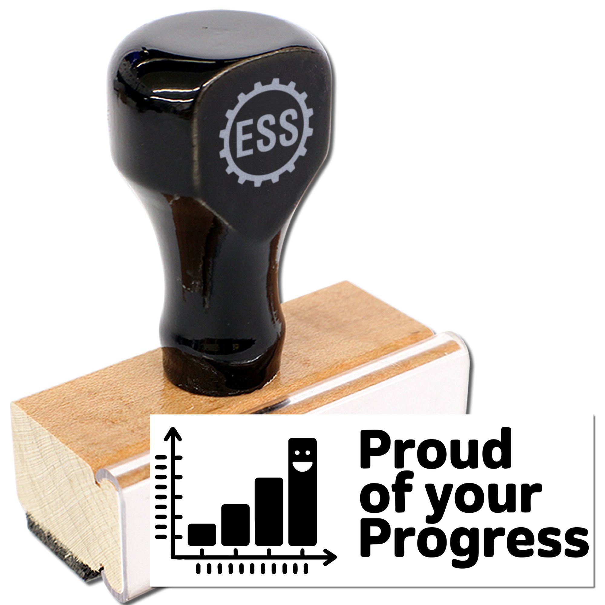 Black self-inking stamp and wooden seal block with ESS logo, beside a 'Proud of your Progress' product card.