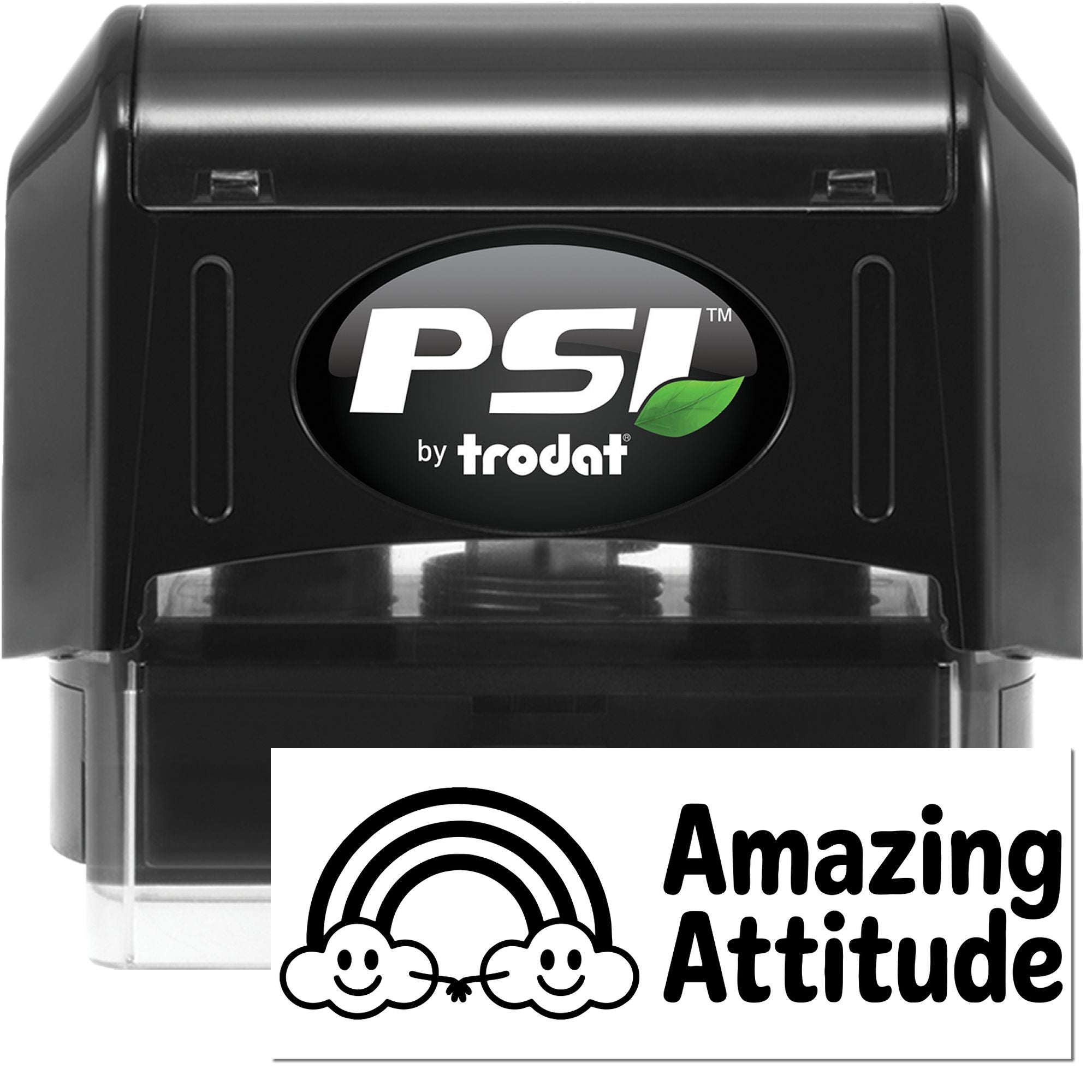 Black PSI by Trodat self-inking stamp and seal with green leaf logo and Amazing Attitude card design