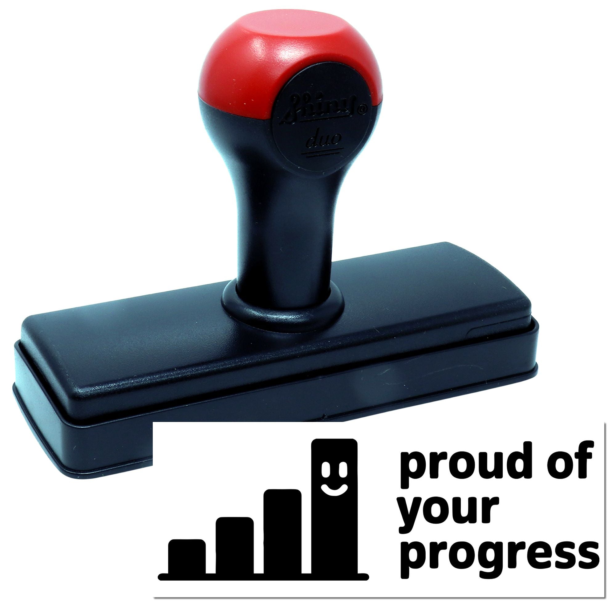 Red and black self-inking stamp and seal with rectangular base and proud of your progress logo.
