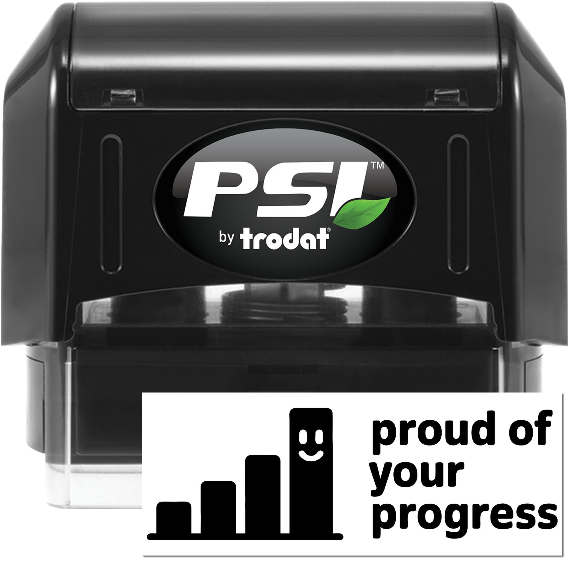 Black PSI by Trodat self-inking stamp and seal with clear base, green leaf logo, and proud of your progress badge.