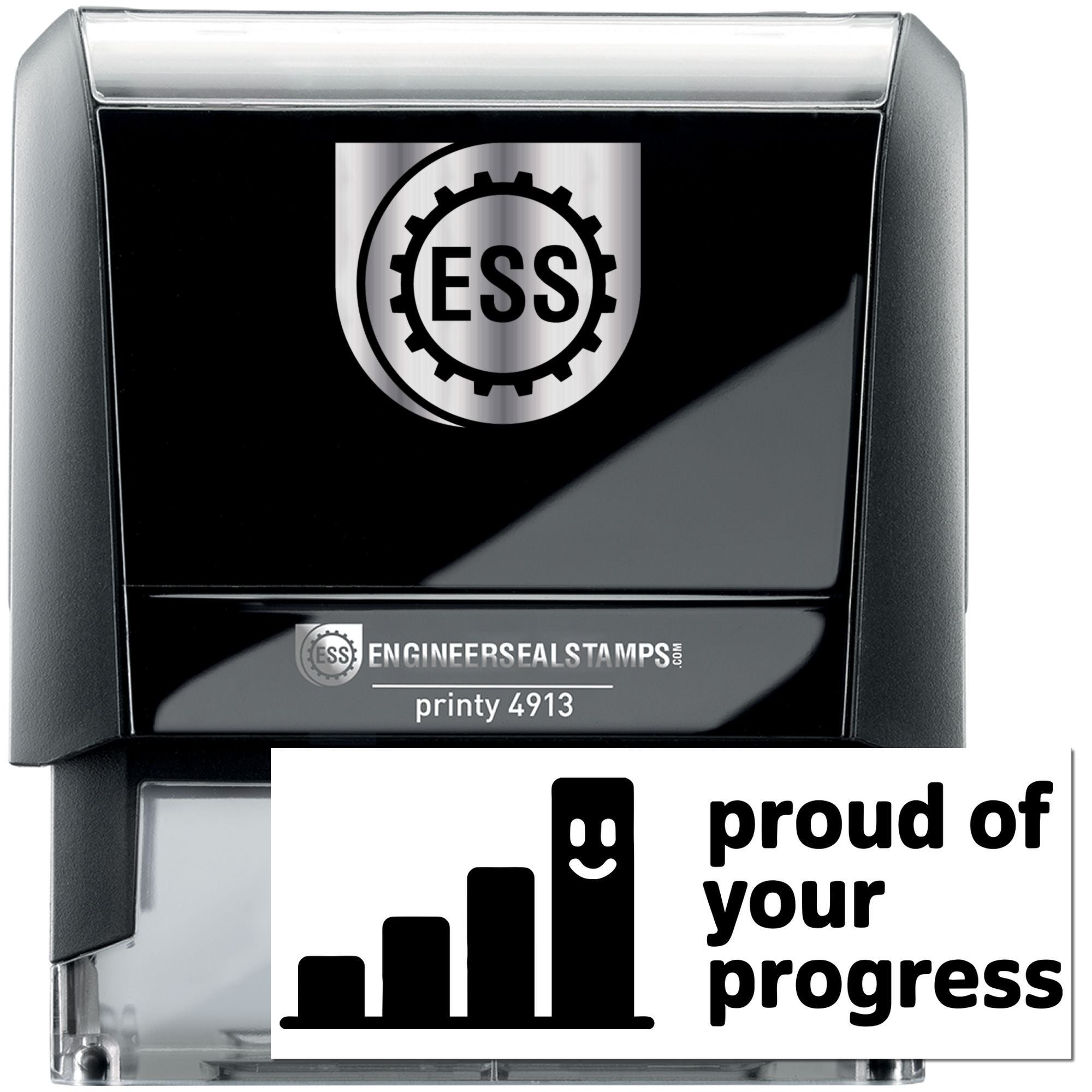 Black self-inking engineer seal stamp with silver ESS logo, gray casing, and Printy 4913 branding.