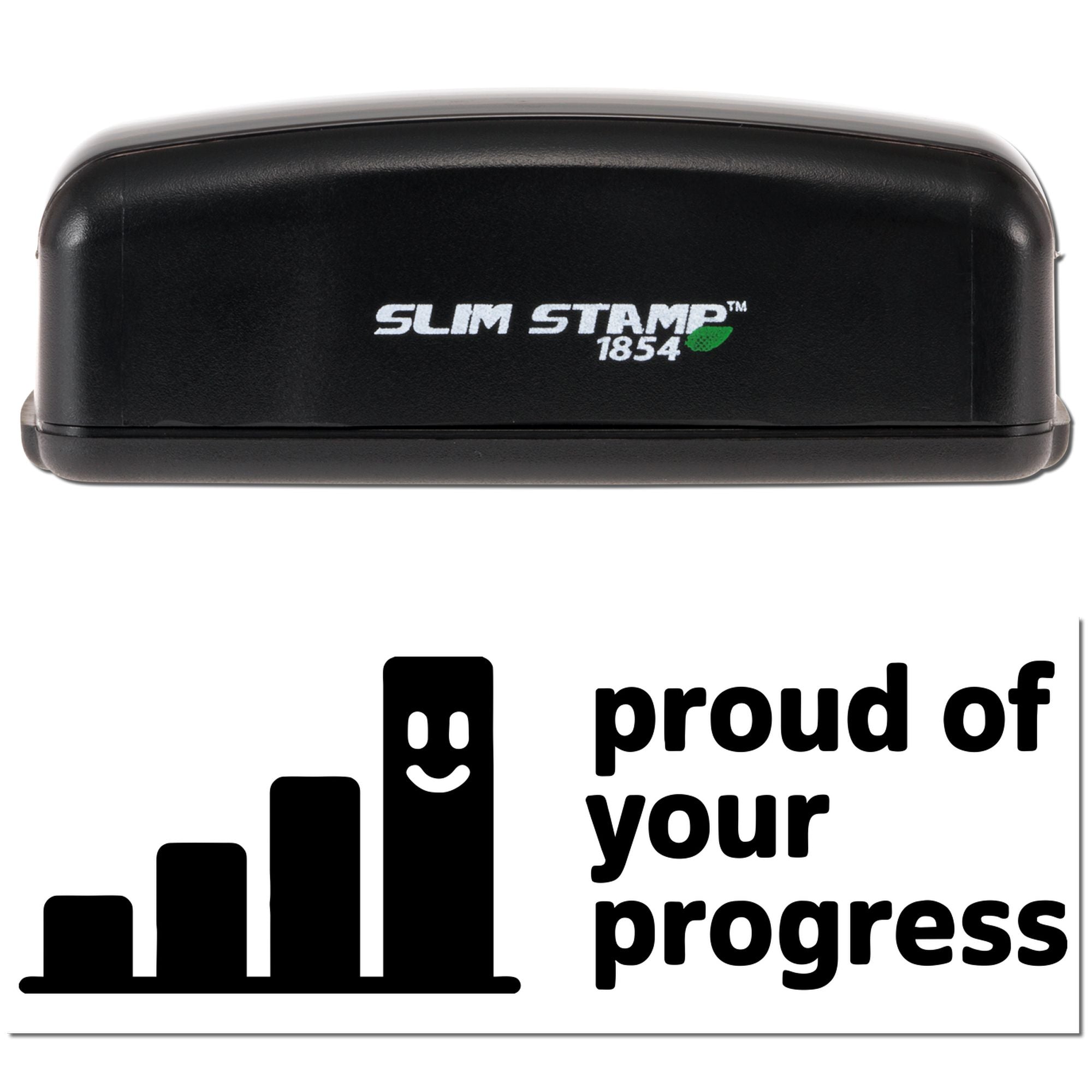 Black Slim Stamp 1854 self-inking stamp and seal with white logo and green accent, plus bold proud of your progress graphic.