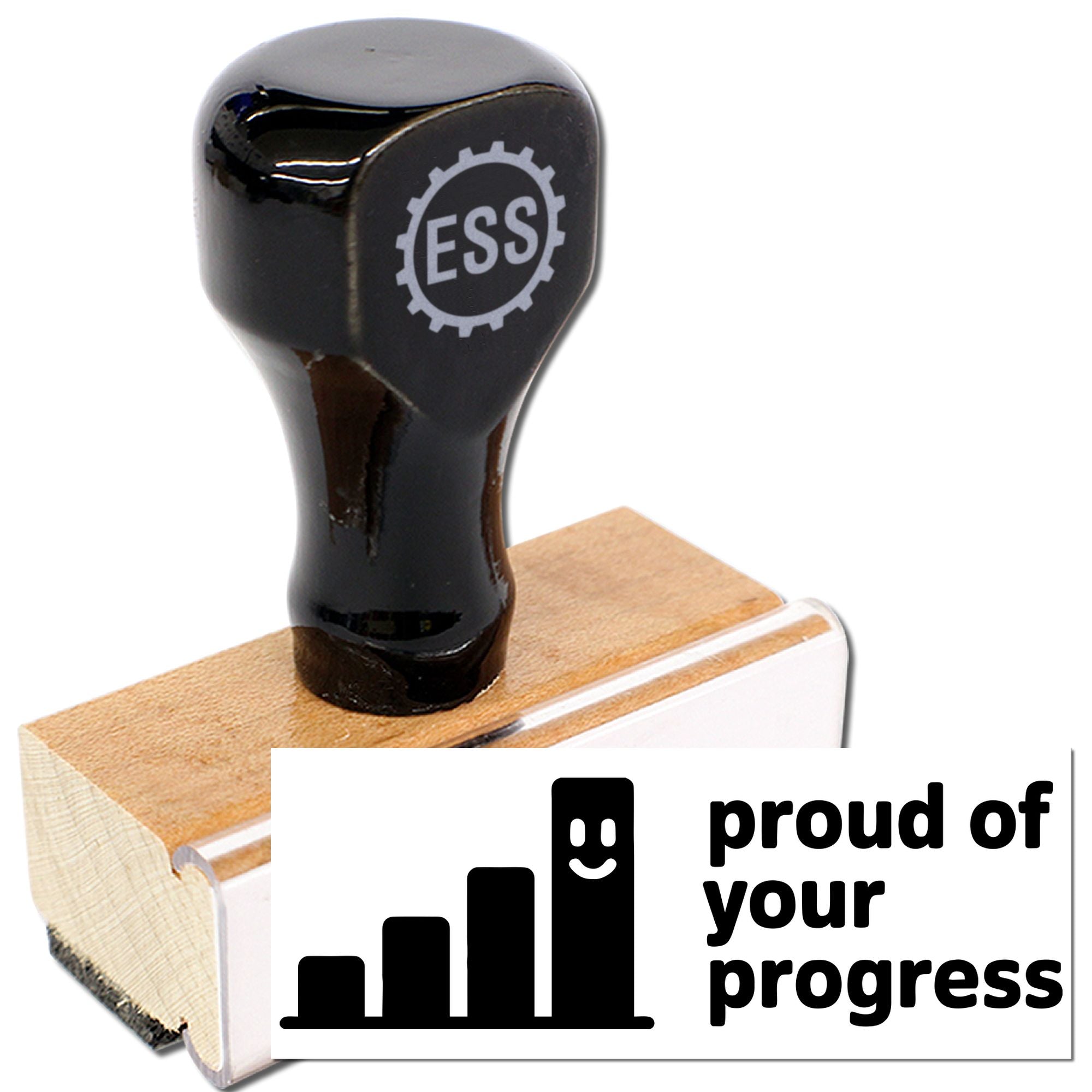 Black ESS rubber stamp and seal with wooden handle, beside a bold proud of your progress graphic on white.
