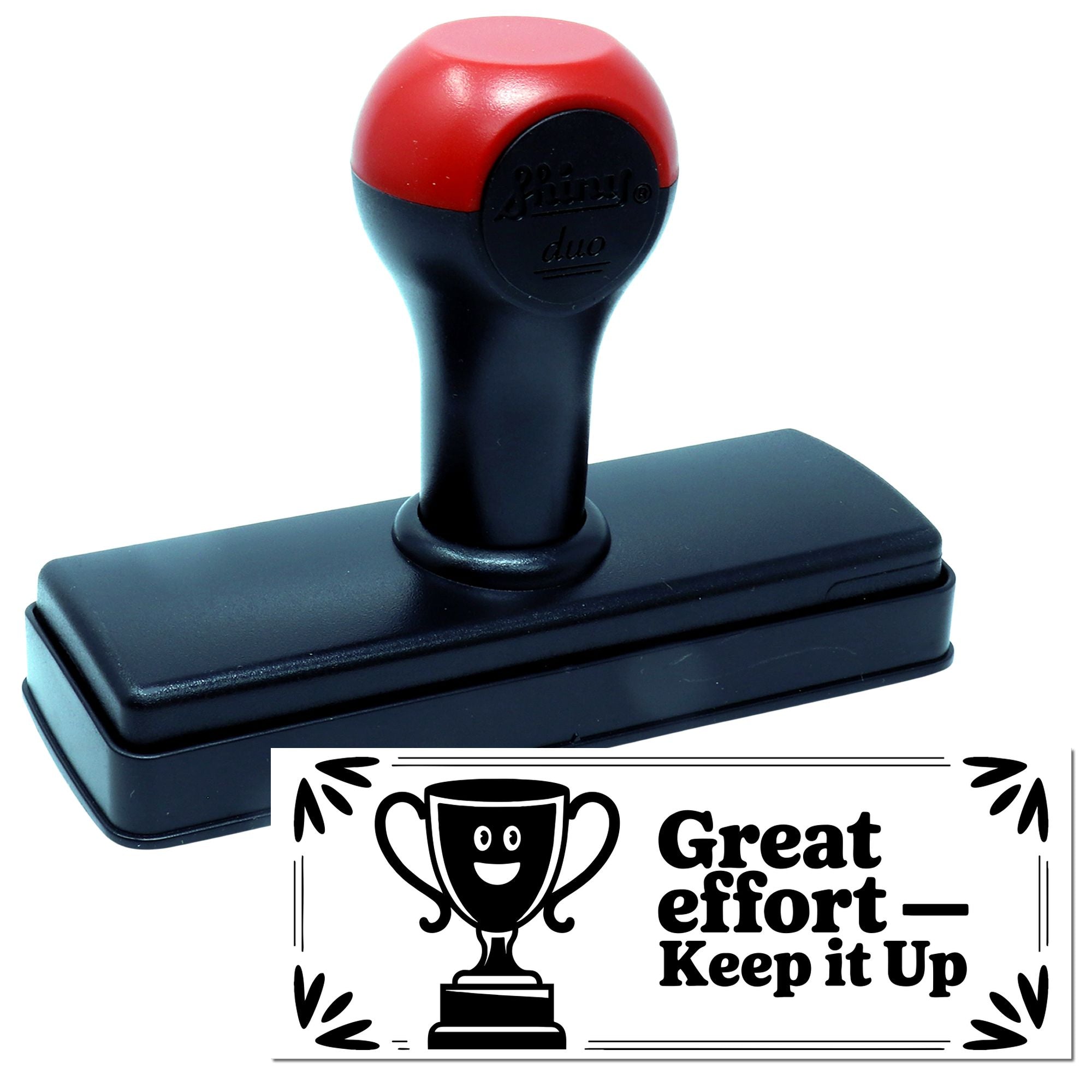 Red-and-black self-inking stamp and seal with trophy Great effort  Keep it Up impression on white background.