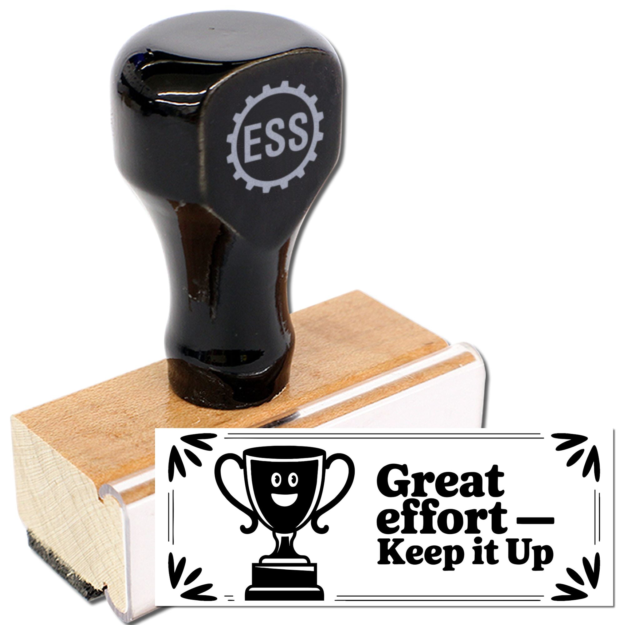 Black rubber stamp and seal with ESS logo on wooden base, showing Great effort - Keep it Up trophy design.