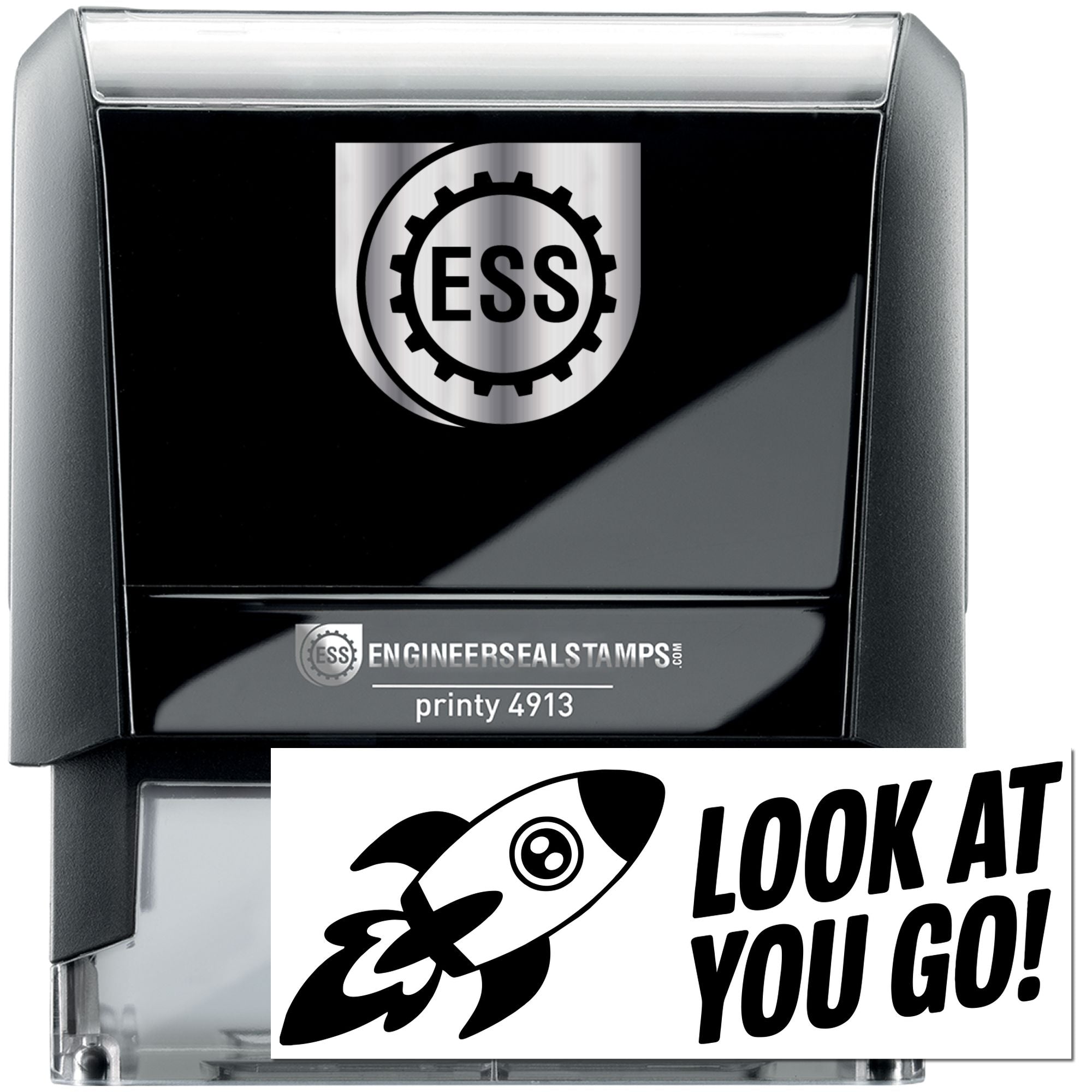 Black self-inking stamp and seal set with silver ESS logo, rocket graphic, and LOOK AT YOU GO! text