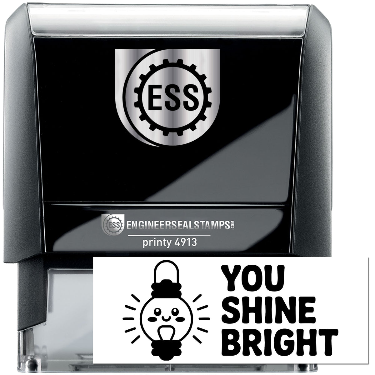 Trodat Teacher Beary Good Work self-inking reward stamp with black handle and custom design for positive reinforcement.