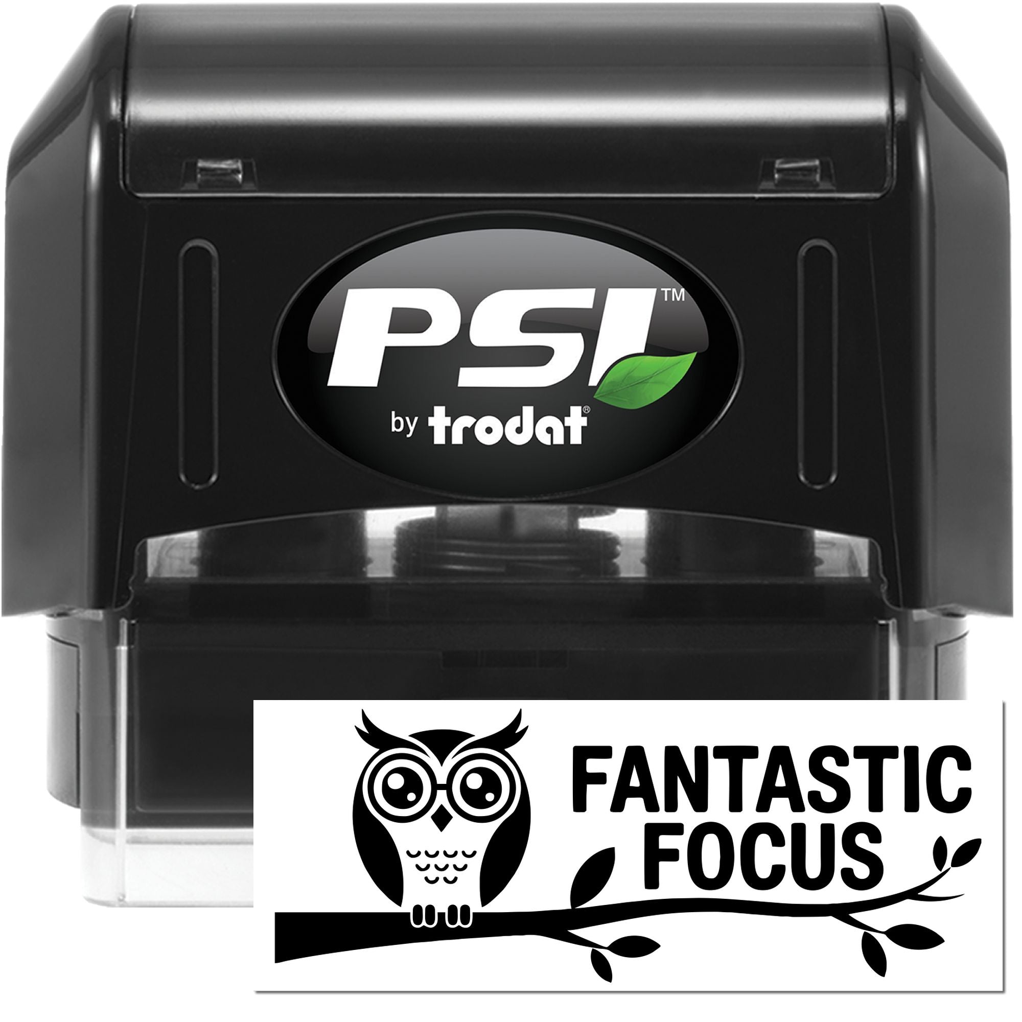 Black PSI by Trodat self-inking stamp and seal with green leaf logo and owl Fantastic Focus impression on white card