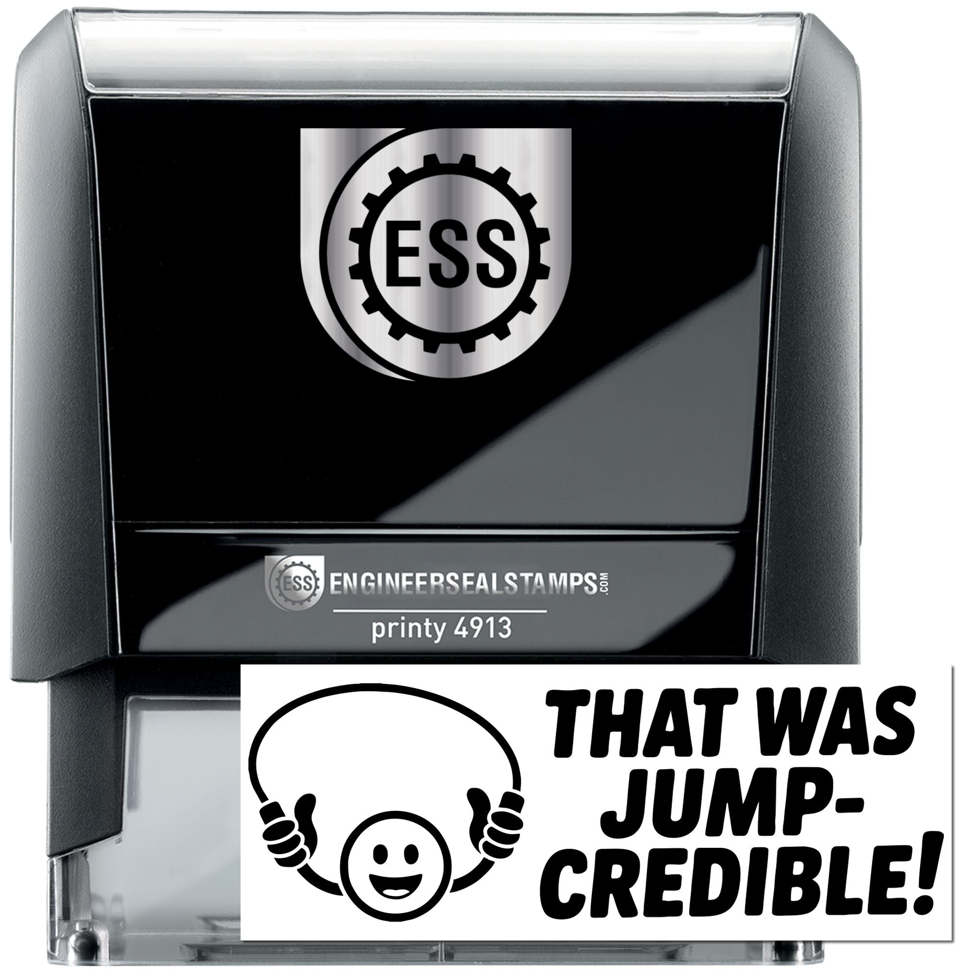 Black self-inking engineer seal stamp with silver ESS logo and clear base
