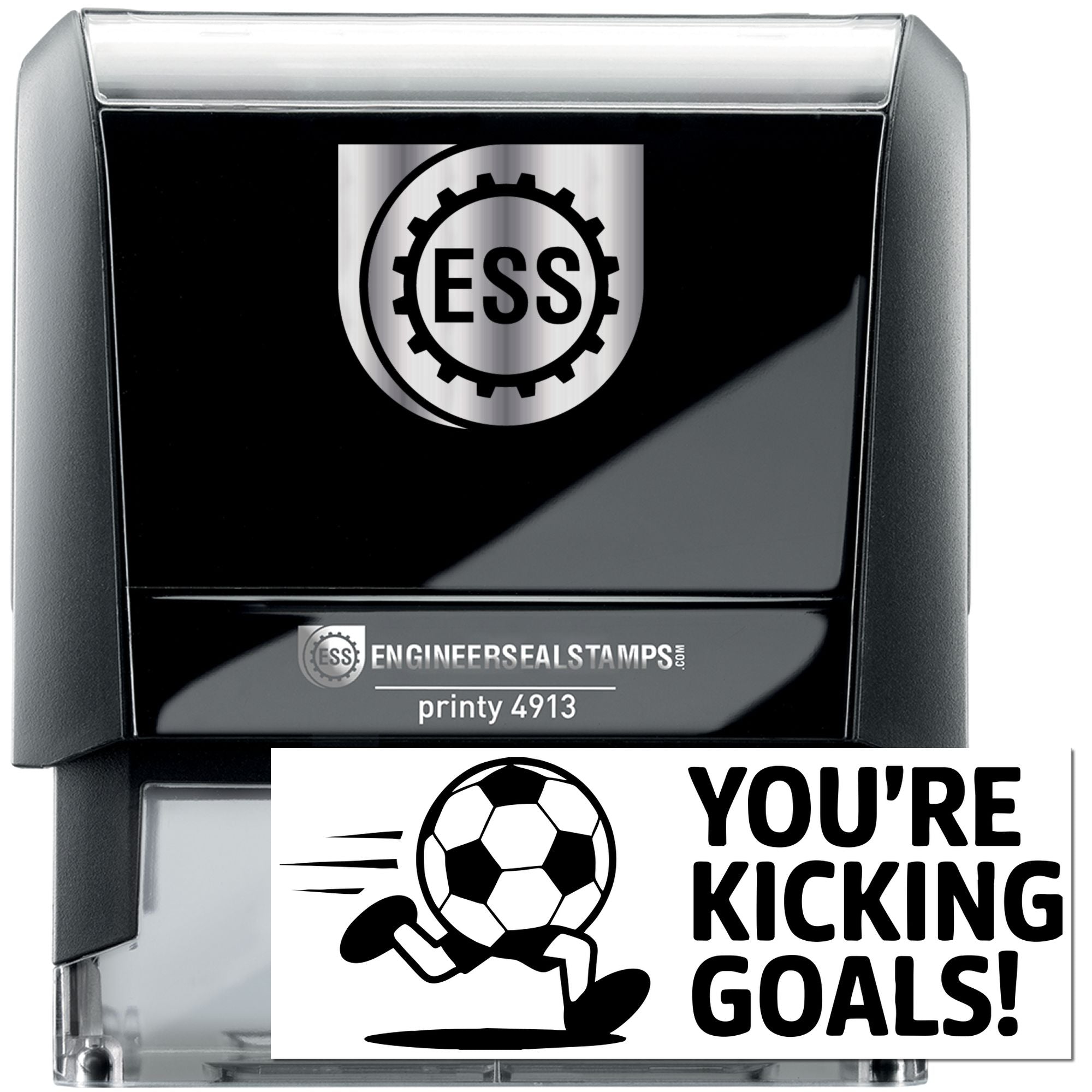 Black self-inking stamp and seal with ESS logo, printy 4913, and soccer Youre kicking goals! design.