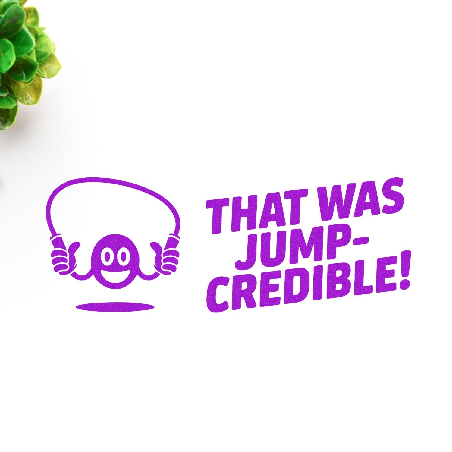 Purple stamp and seal design reading THAT WAS JUMP-CREDIBLE! with smiling headset icon on white background.